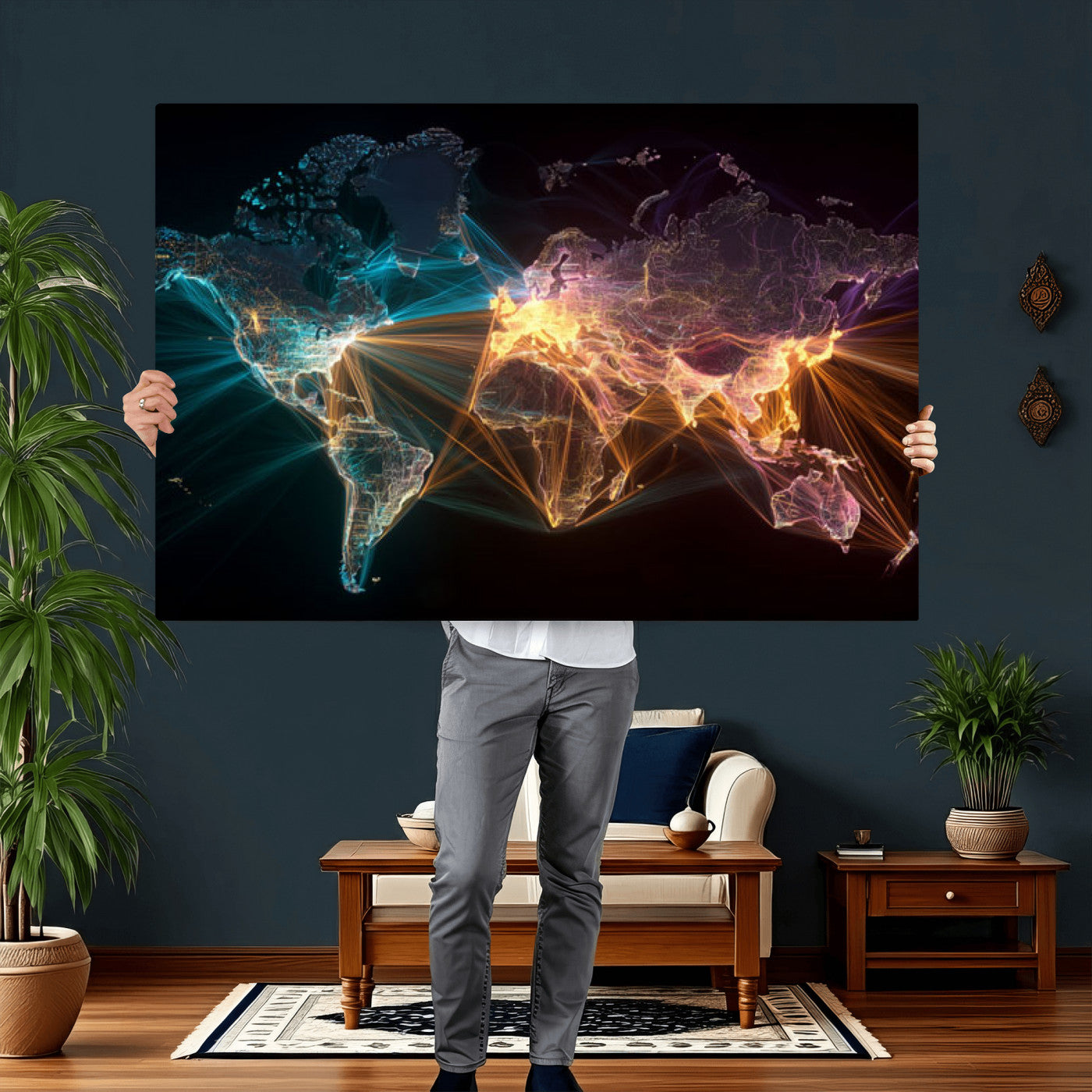 14891737-MGV-CV-36X24 - World Map and Global Flight Routes Map Canvas Wall Art, Worldwide Aviation Network Print, International Air Travel Wall Decor