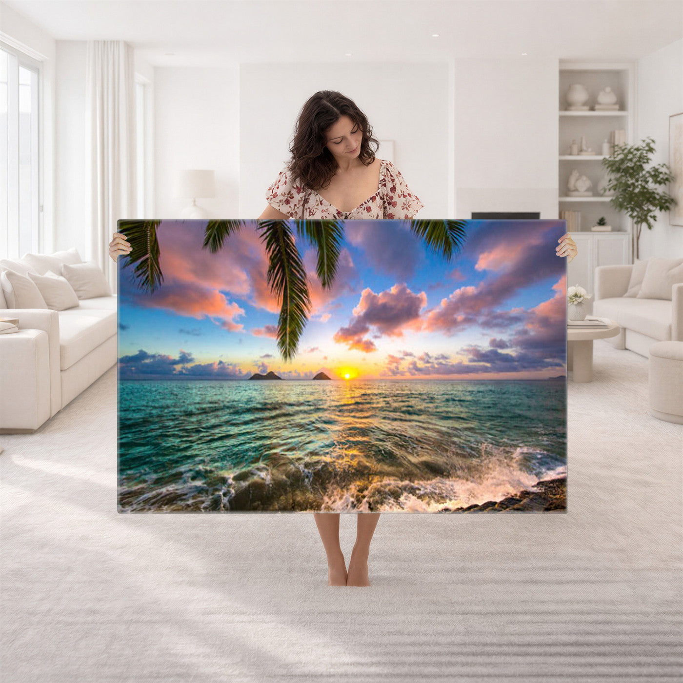 13207742-MGV-CV-36X24 - Hawaii Beach Sunset Canvas Wall Art Print, Tropical Ocean Landscape Artwork, Palm Tree Coastal Decor for Living Room Bedroom