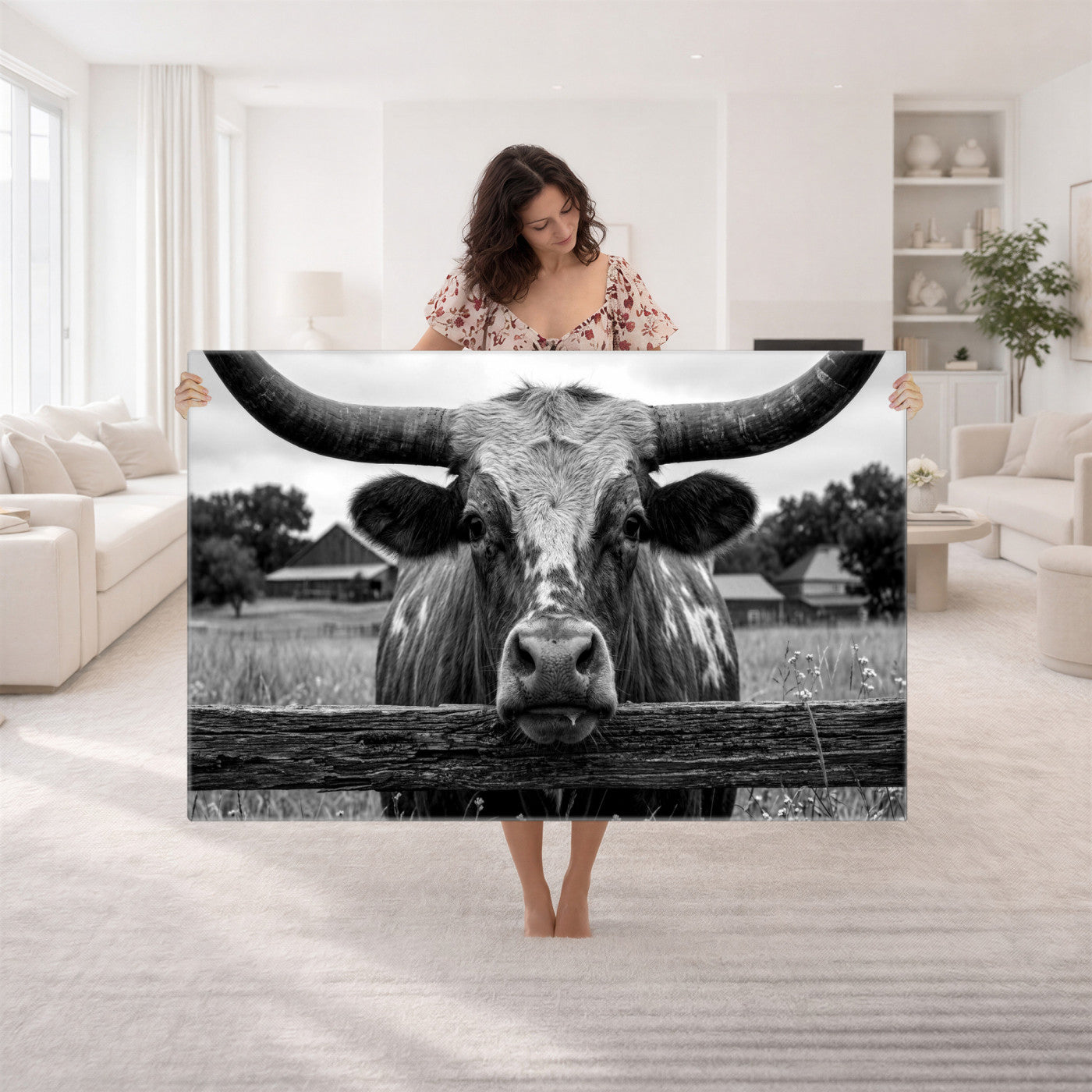 59378683B-MGV-CV-36X24 - Black White Texas Longhorn Bull Canvas Wall Art, Western Ranch Cattle Photography Print, Rustic Farmhouse Cowboy Decor Artwork