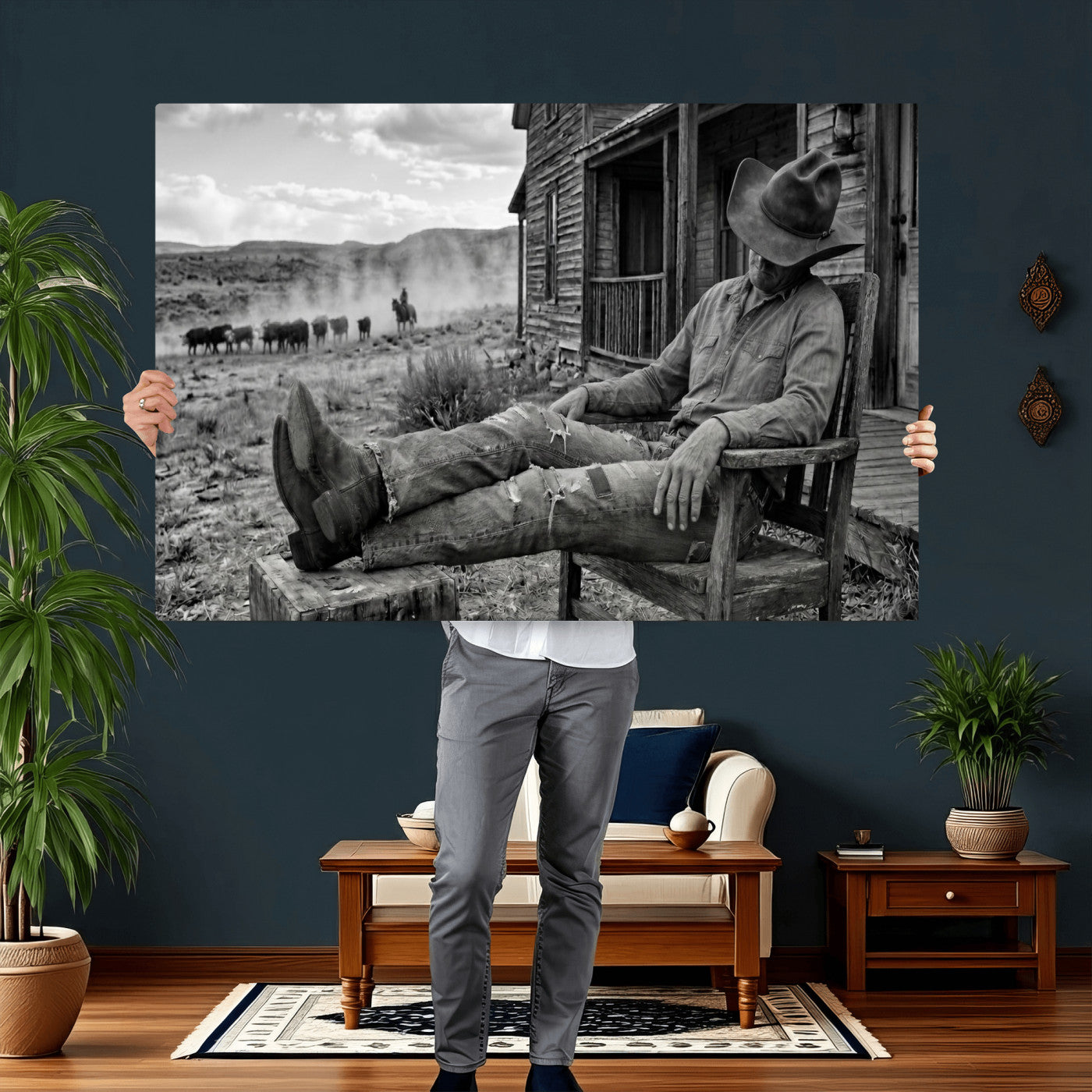 94461975S-MGV-CV-36X24 - Vintage Sleeping Cowboy Wall Art Canvas Print, Western Home Decor