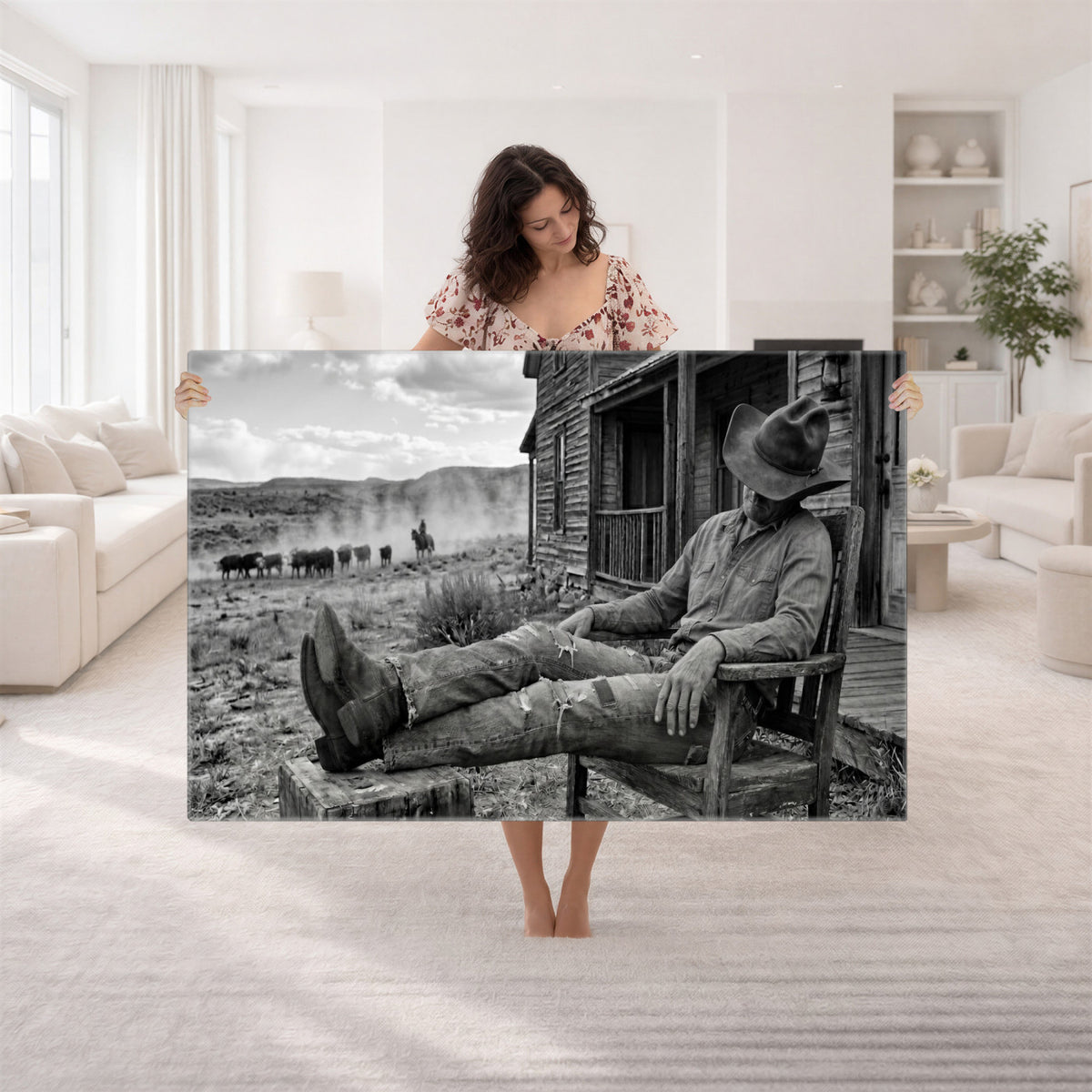 94461975S-MGV-CV-36X24 - Vintage Sleeping Cowboy Wall Art Canvas Print, Western Home Decor
