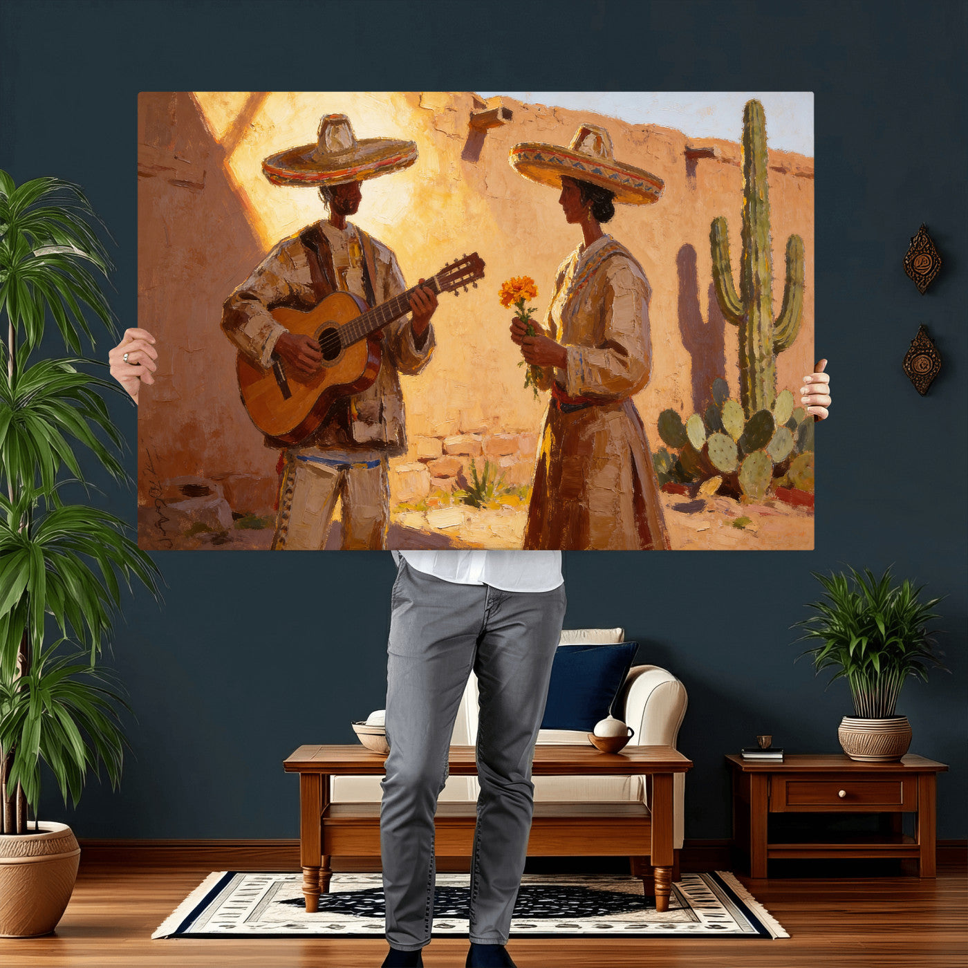 41849005-MGV-CV-36X24 - Mexican Couple Canvas Wall Art, Romantic Serenade Guitar Painting Print, Southwestern Desert Adobe Decor, Warm Golden Folk Art, Living Room Art