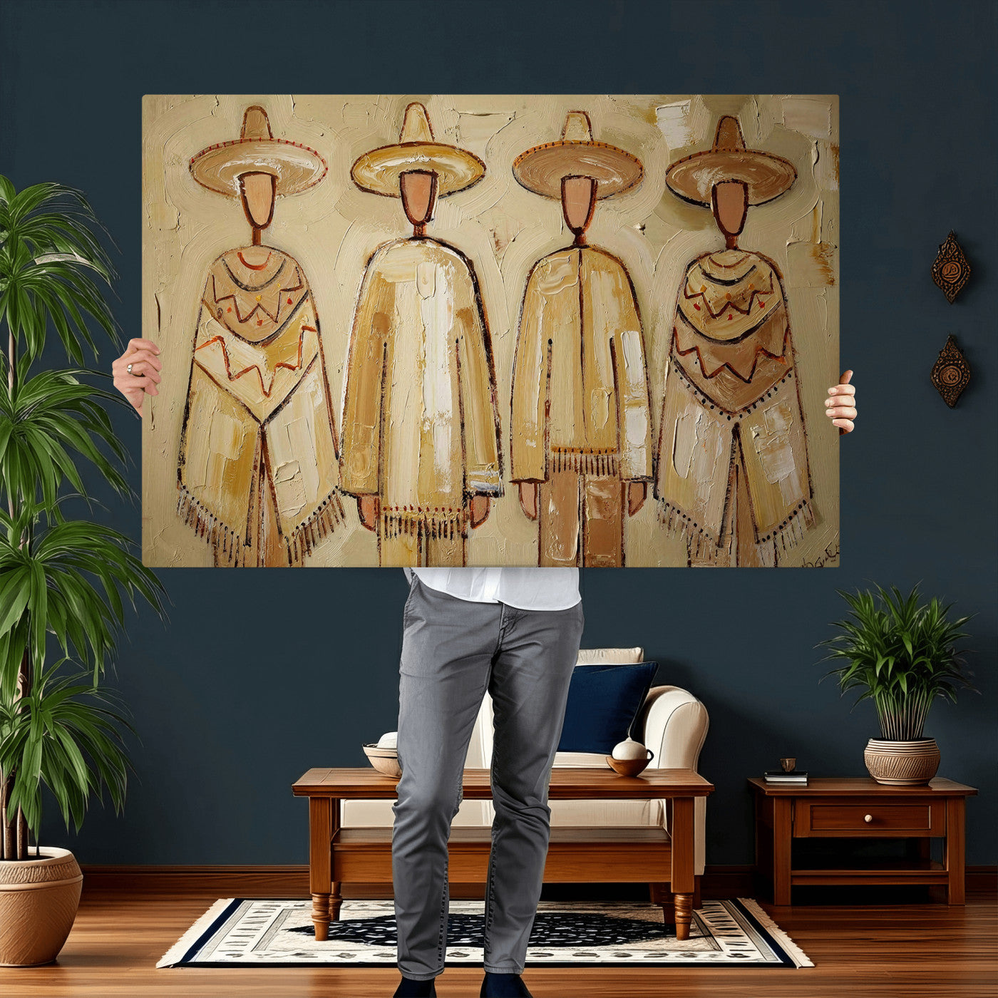 46071653-MGV-CV-36X24 - Mexican Folk Art Canvas Wall Art, Charro Poncho Sombrero Painting Print, Neutral Beige Boho Decor, Southwestern Impasto Style, Living Room Art