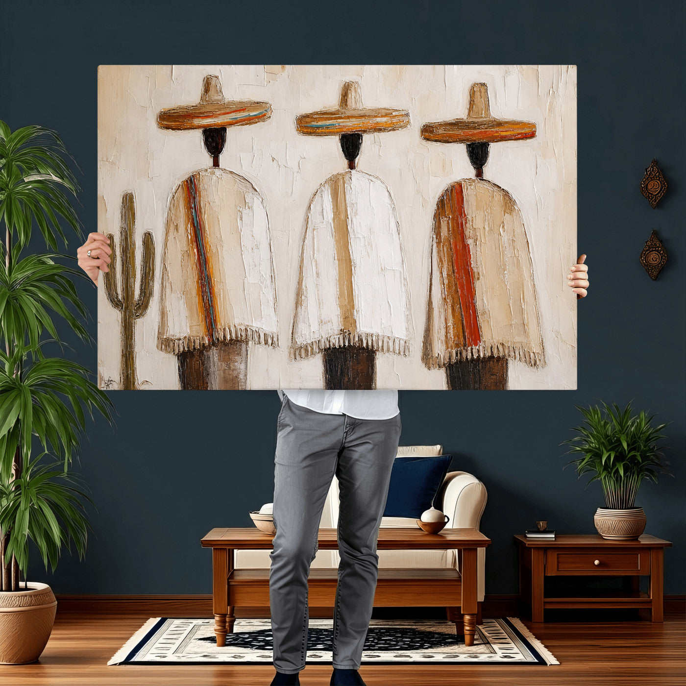 72884785-MGV-CV-36X24 - Mexican Folk Art Canvas Wall Art, Southwestern Sombrero Poncho Painting, Neutral Earthy Boho Decor, Fiesta Living Room Art, Impasto Style Print