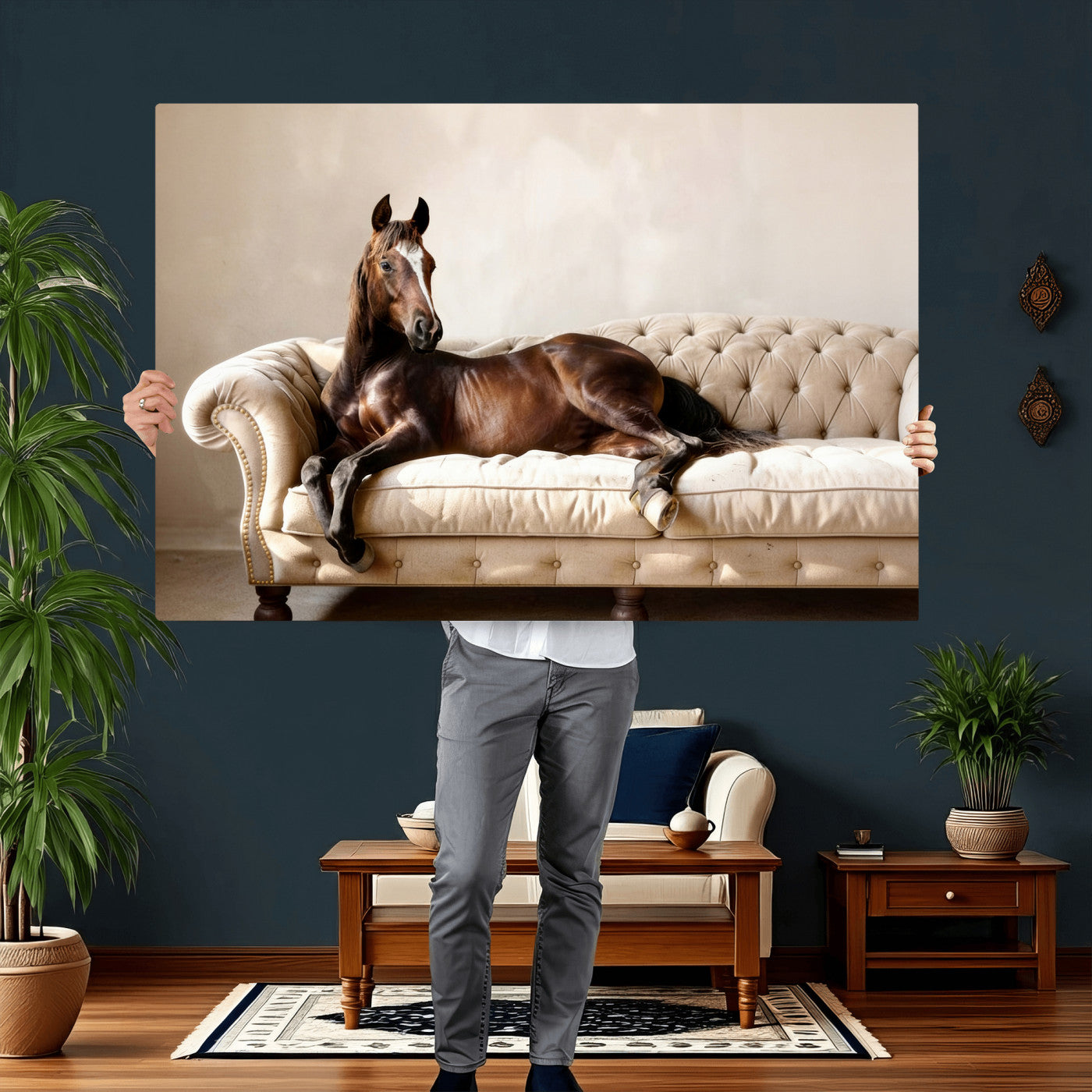 17716841-MGV-CV-36X24 - Funny Horse on Sofa Canvas Wall Art, Quirky Horse Lounging Photo Print, Whimsical Animal Decor, Living Room Conversation Art, Horse Lover Gift