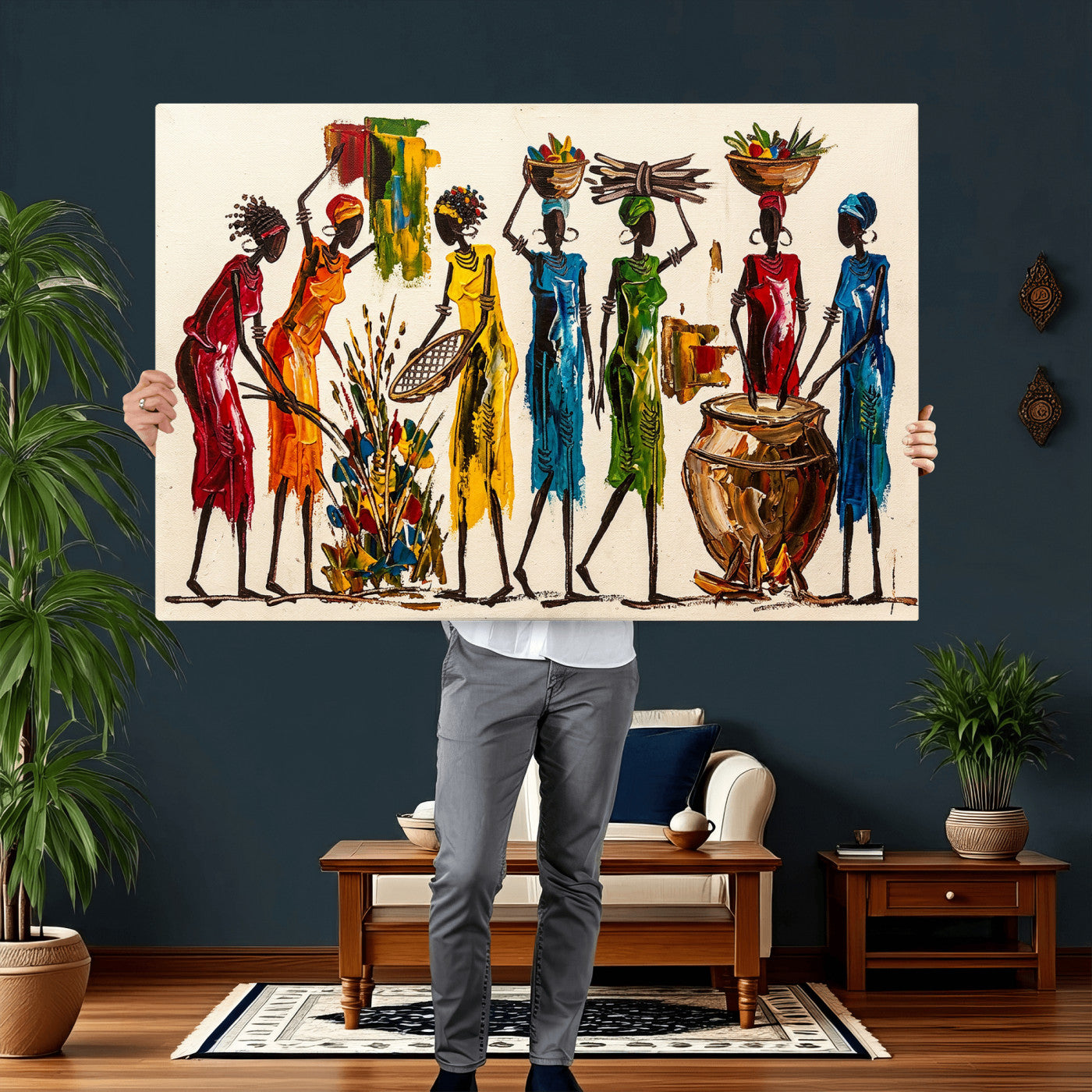 83463154-MGV-CV-36X24 - African Folk Art Canvas Wall Art, Colorful African Women Village Painting Print, Tribal Ethnic Home Decor, Vibrant African Art, Living Room