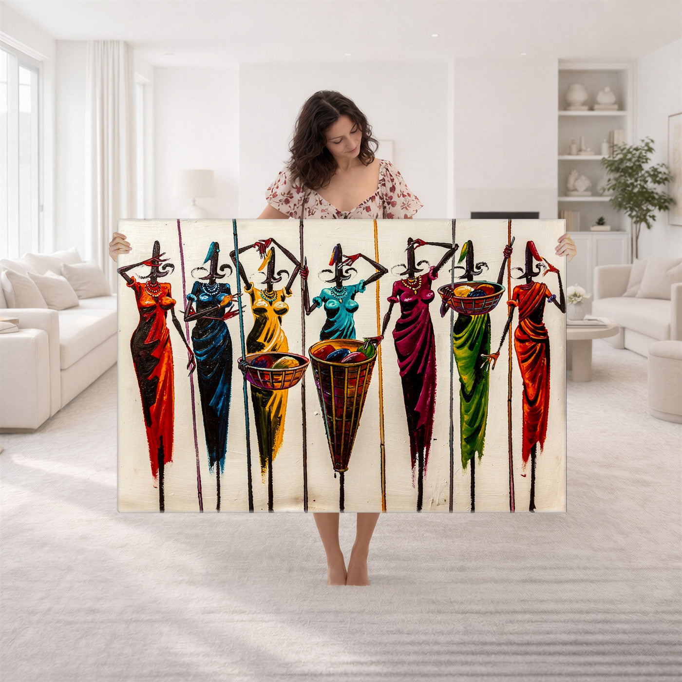 53545627-MGV-CV-36X24 - African Folk Art Canvas Wall Art, Colorful African Women Village Painting Print, Tribal Ethnic Home Decor, Vibrant African Art, Living Room
