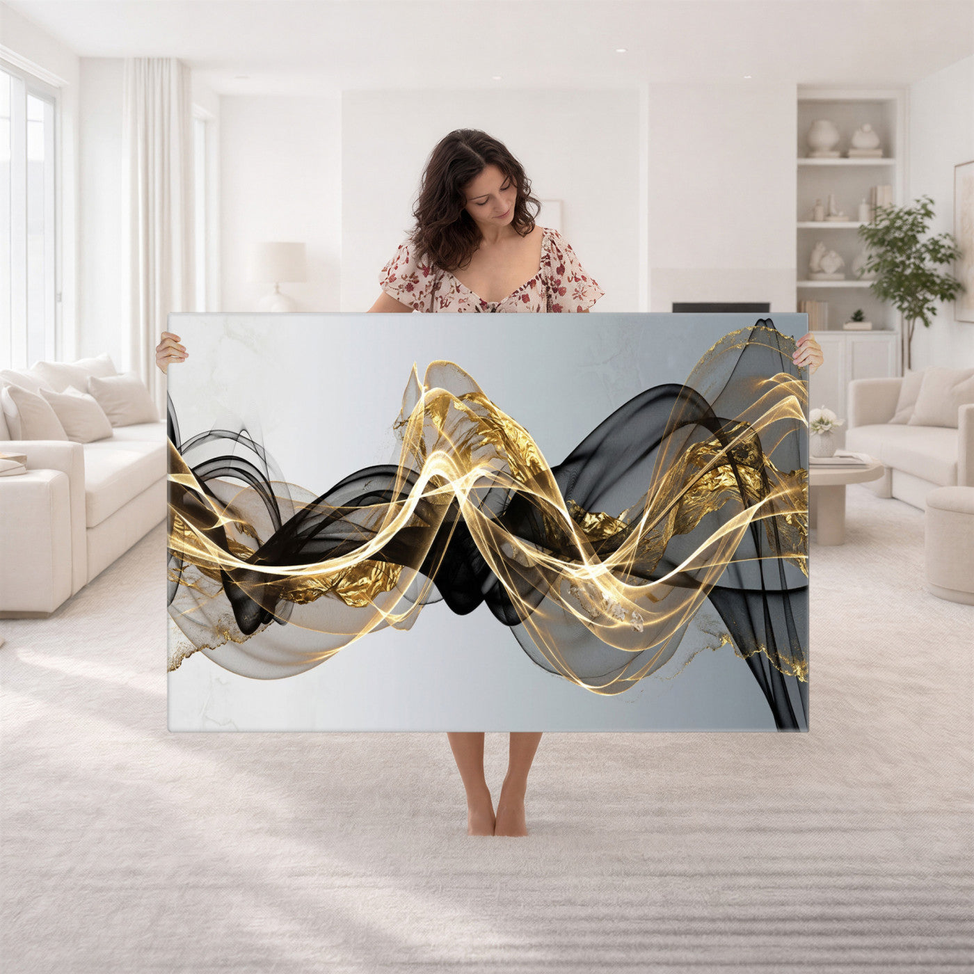 79483321DL-MGV-CV-36X24 - Black and Gold Abstract Wall Art, Modern Wave Canvas Print, Elegant Flowing Smoke Art, Luxury Living Room Decor