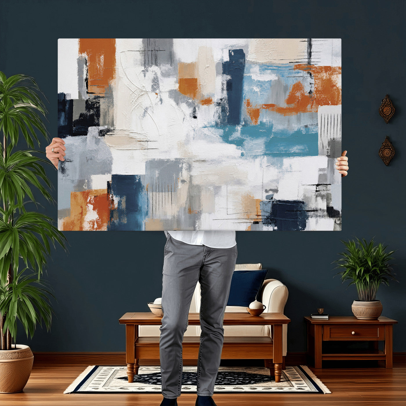 44950303-MGV-CV-36X24 - Blue Teal Abstract Canvas Wall Art, Modern Textured Painting Print, Navy Orange White Contemporary Art, Neutral Living Room Decor, Office Art