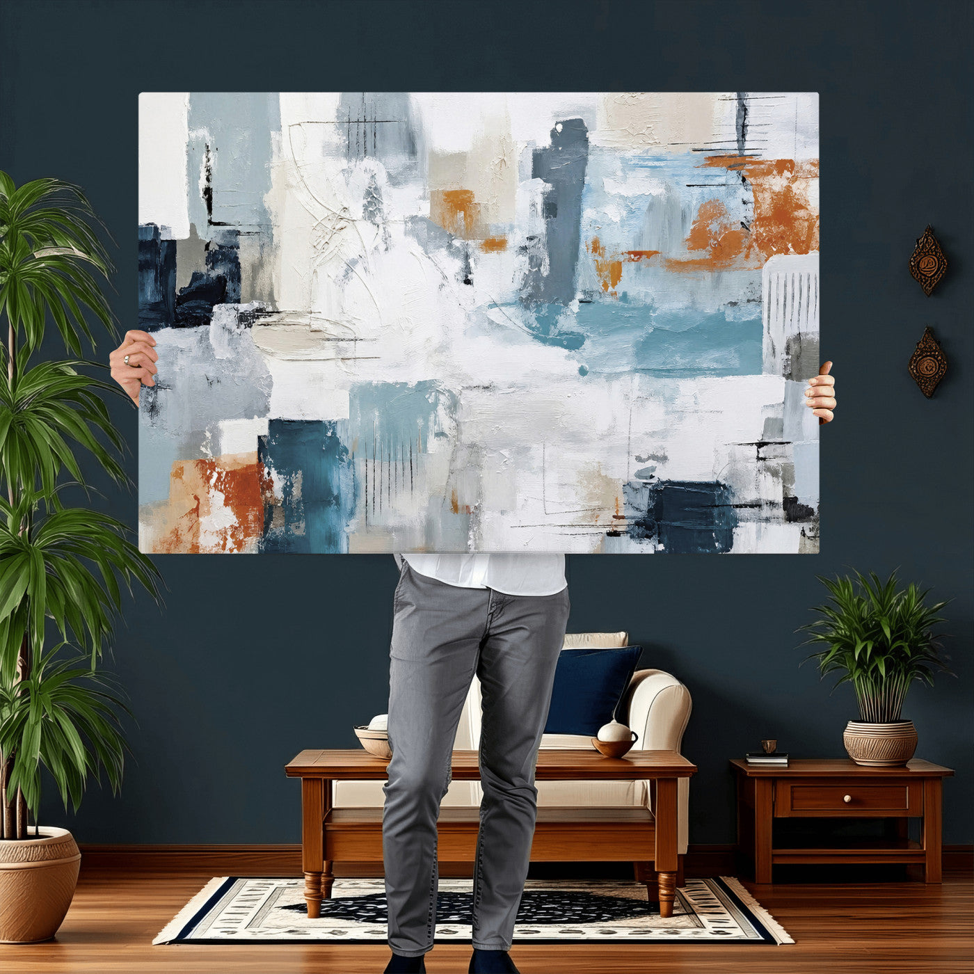 98638479-MGV-CV-36X24 - Blue Teal Abstract Canvas Wall Art, Modern Textured Painting Print, Navy Orange White Contemporary Art, Neutral Living Room Decor, Office Art