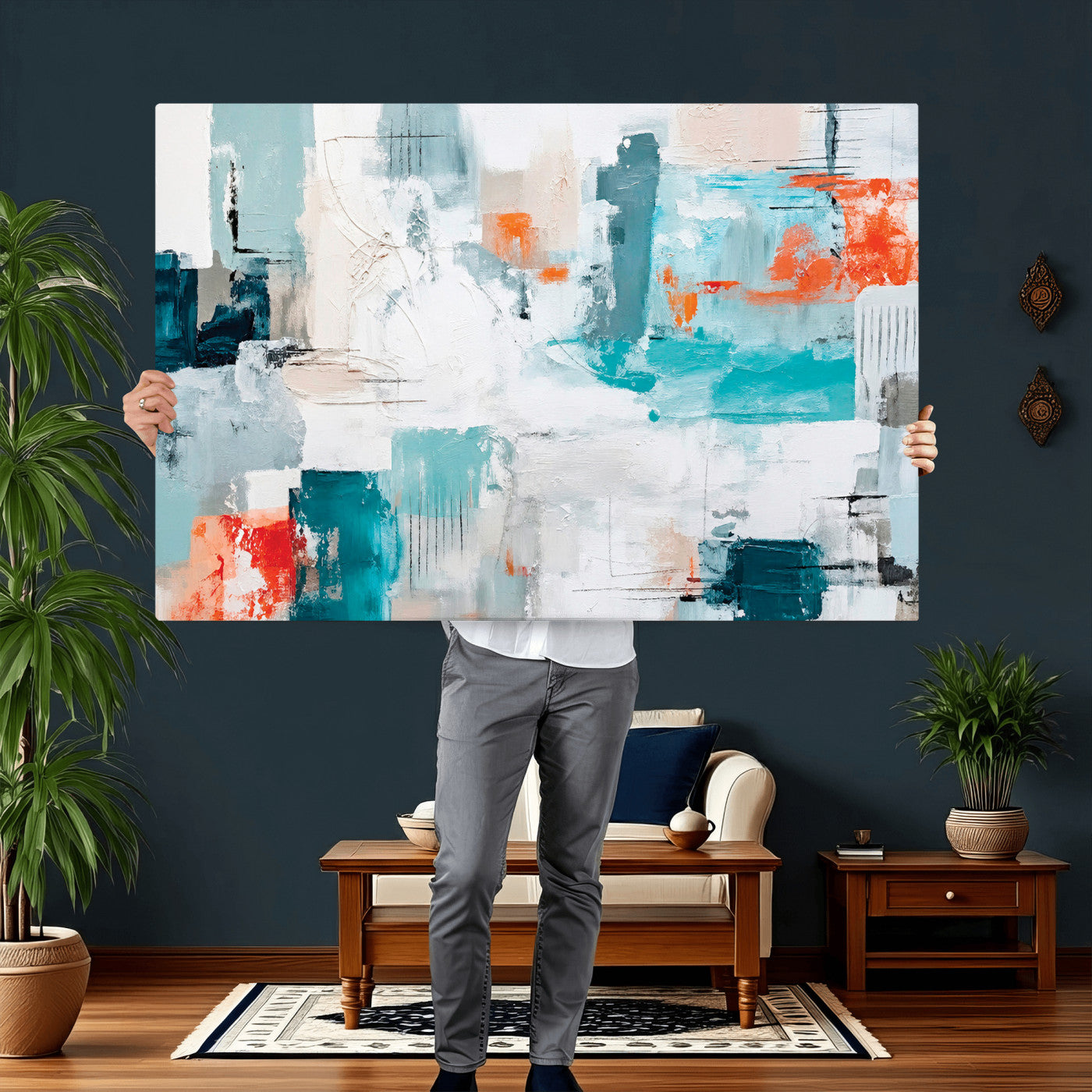 98638479-MGV-CV-36X24 - Blue Teal Abstract Canvas Wall Art | Modern Textured Painting Print, Navy Orange White Contemporary Art, Neutral Living Room Decor, Office Art
