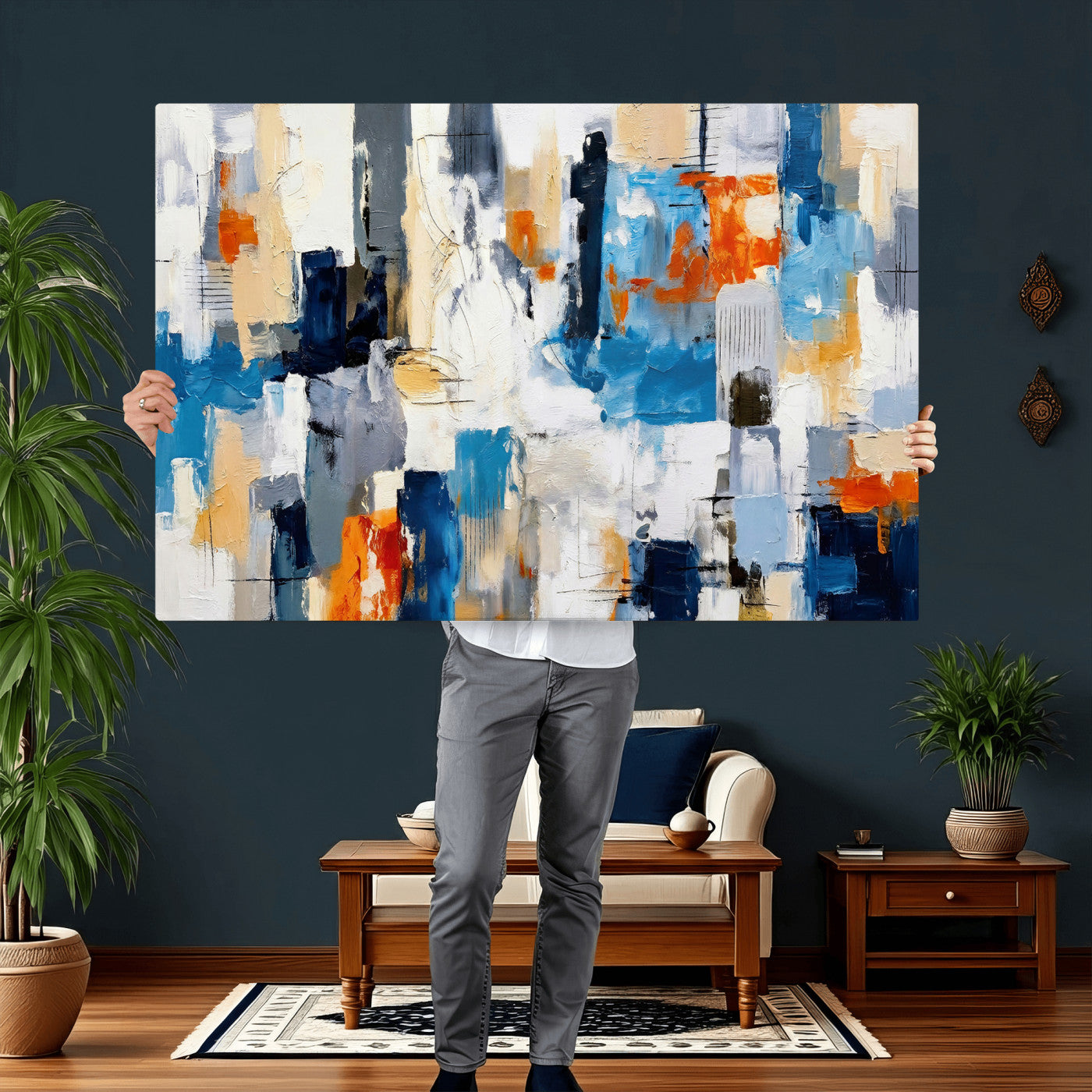83915061-MGV-CV-36X24 - Blue Teal Abstract Canvas Wall Art, Modern Textured Painting Print, Navy Orange White Contemporary Art, Neutral Living Room Decor, Office Art