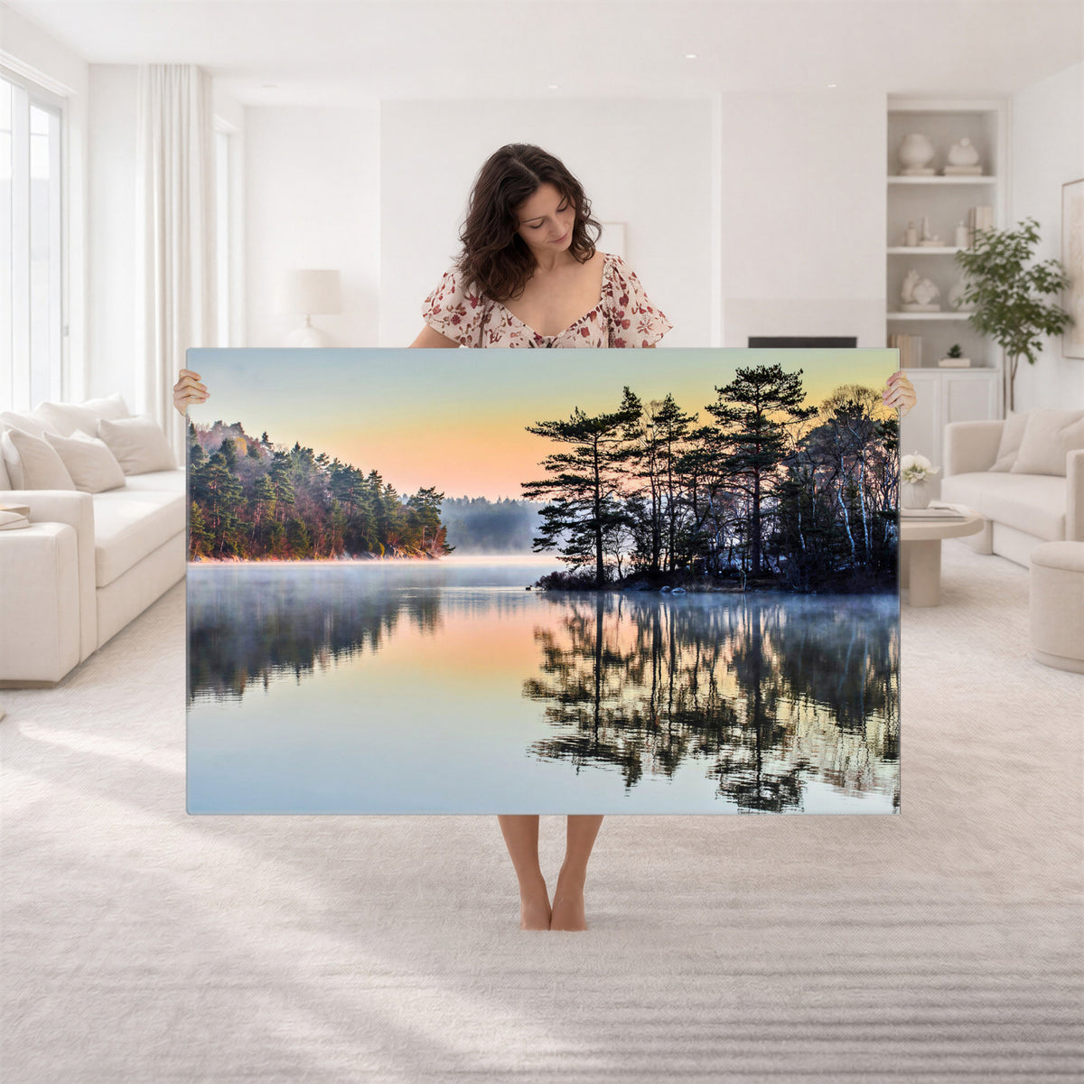 34236027-MGV-CV-36X24 - Before People Wake Canvas Wall Art Print, Misty Lake Sunrise Landscape, Forest Reflection Nature Decor, Ready to Hang