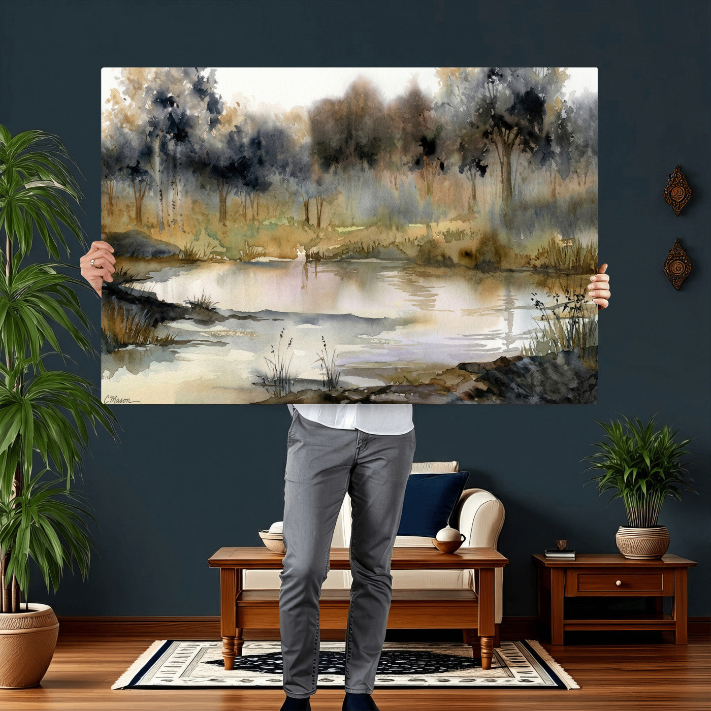 27383609-MGV-CV-36X24 - Abstract WatercolorAutumn Lake Canvas Wall Art Print, Misty Forest Landscape, Rustic Nature Painting, Cabin Wall Decor, Ready to Hang