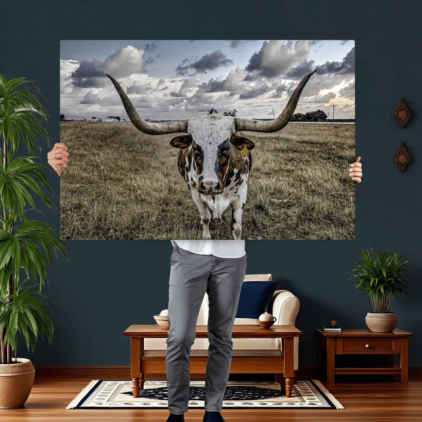 17464823-MGV-CV-36X24 - Texas Longhorn Canvas Wall Art Print, Western Cow Photography, Rustic Ranch Decor, Farmhouse Wall Art, Ready to Hang