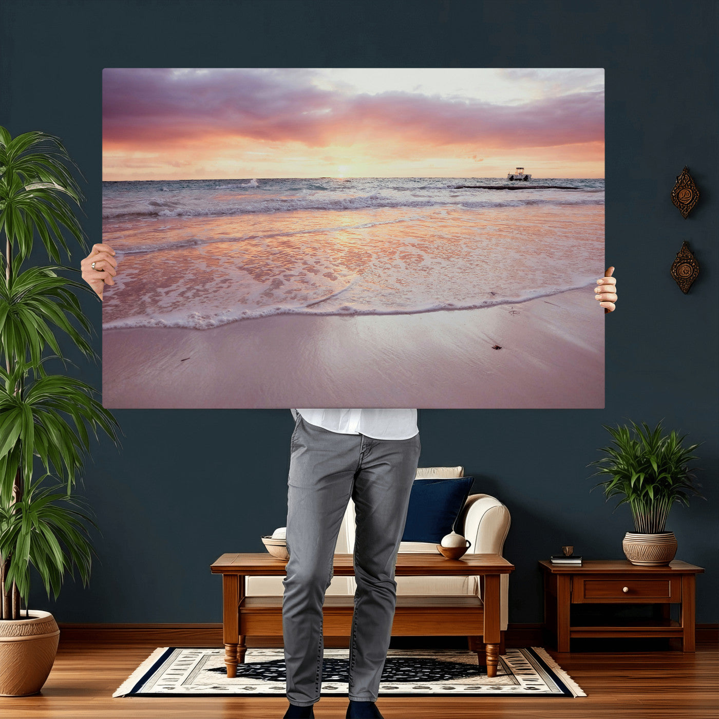44765395-MGV-CV-36X24 - Beach Sunset Canvas Wall Art Print, Ocean Waves Landscape, Coastal Photography, Seascape Wall Decor, Ready to Hang