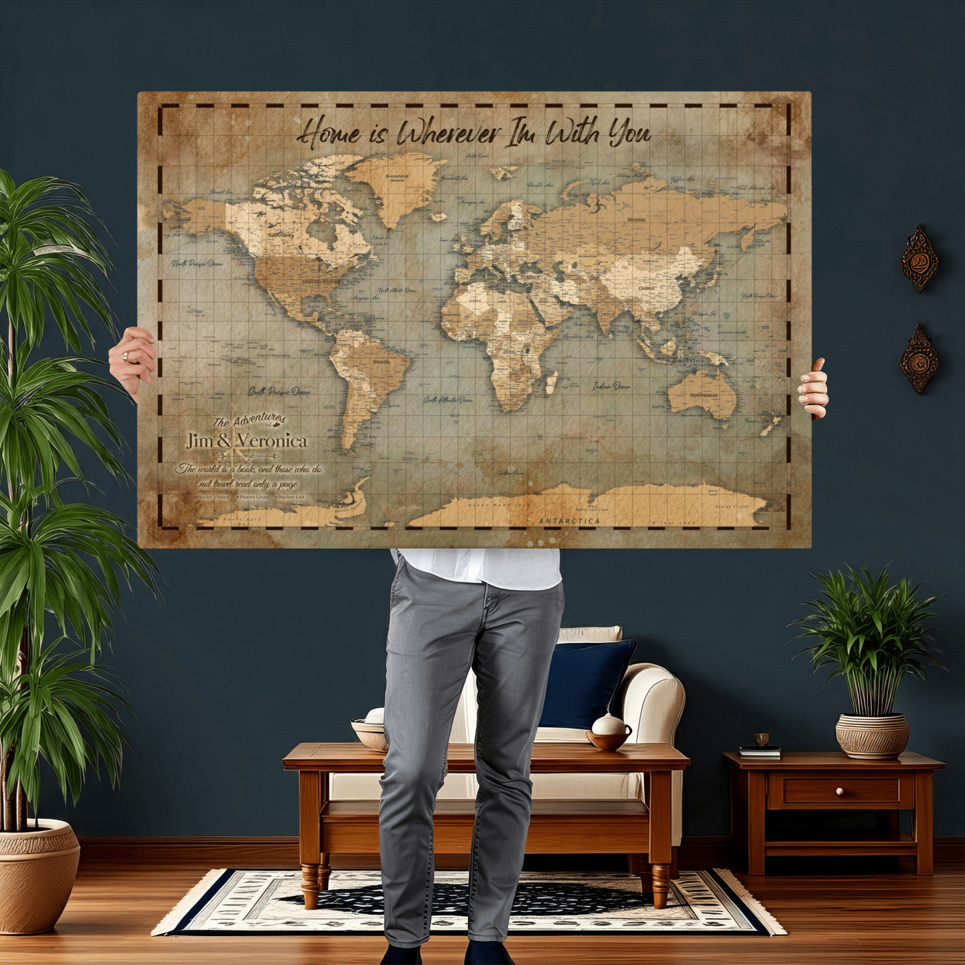 97123877-MGV-CV-36X24 - Vintage Custom Push Pin World Map, Vintage Travel Map Canvas, Personalized Names Anniversary Gift, Places Visited Pin Board, Couples Adventure Art