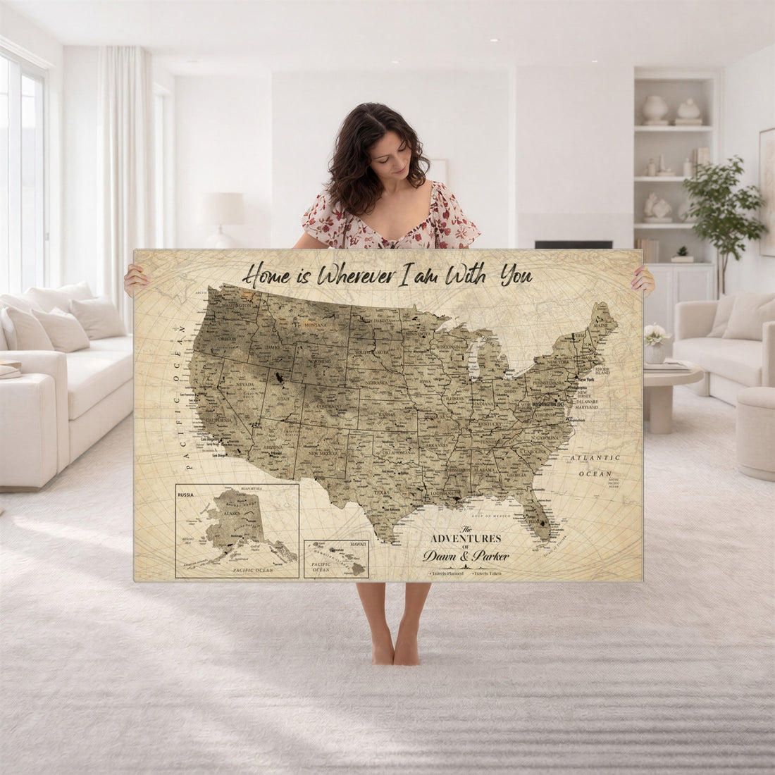 Detailed Personalized Push Pin United States Map Wall Art, States Visited Map, Office and Hallway Decor