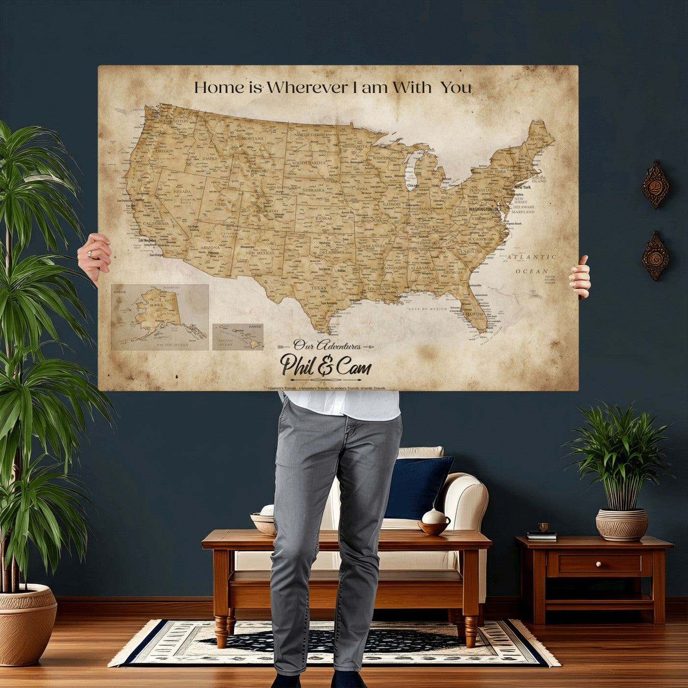 80624553-MGV-CV-36X24 - Personalized USA Push Pin Travel Map Canvas Wall Art Custom Family Gift