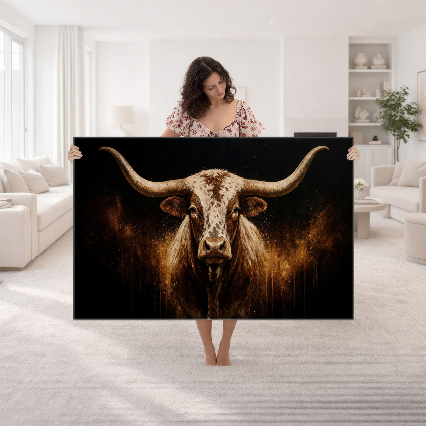62076449-MGV-CV-36X24 - Texas Bull Cow Longhorn Canvas Wall Art Moody Western Bull Oil Painting Print