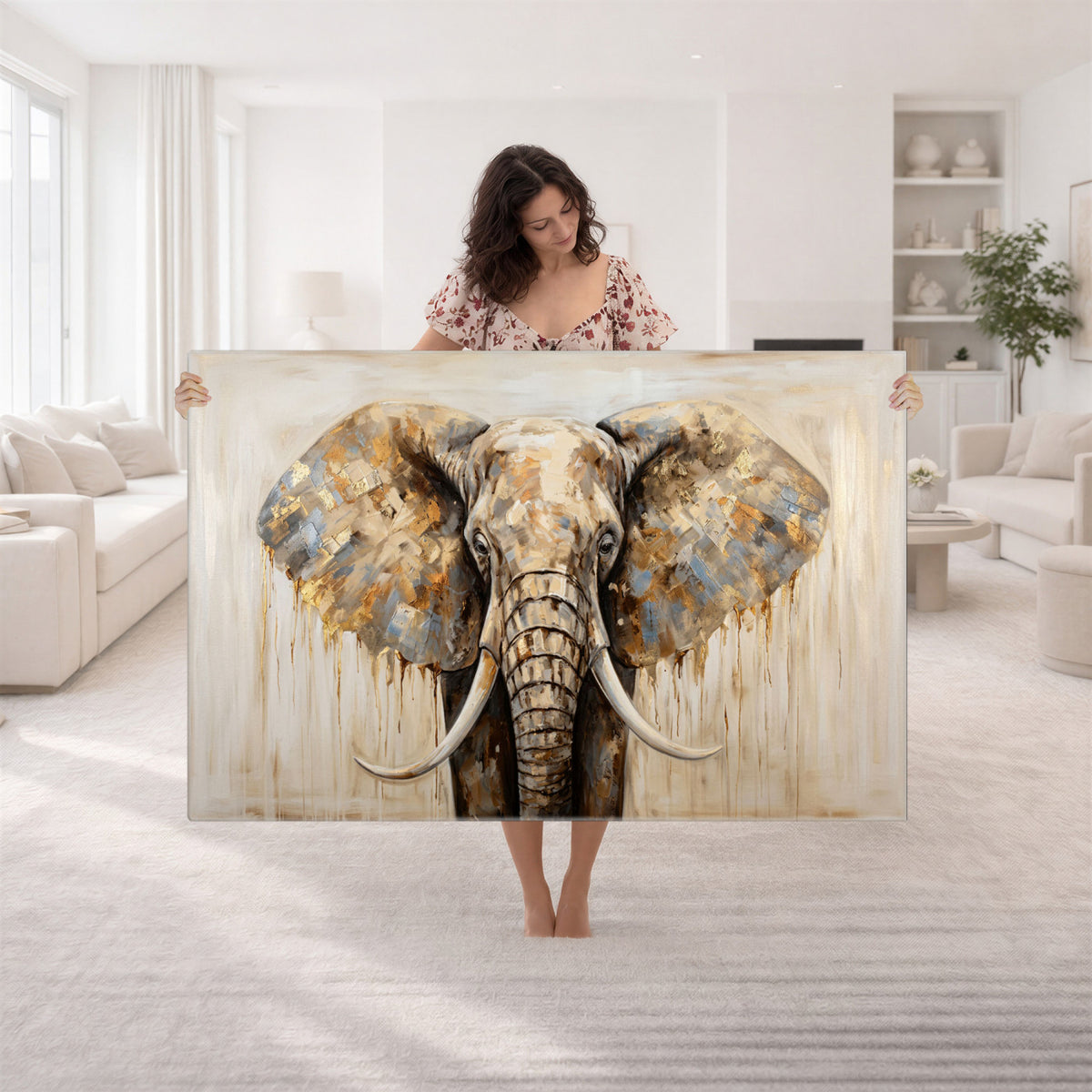 95819221-MGV-CV-36X24 - Gold Leaf Elephant Canvas Wall Art Abstract African Wildlife Painting Print