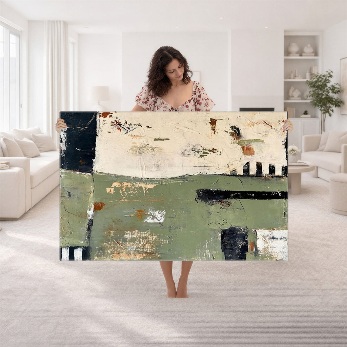 77942087-MGV-CV-36X24 - Sage Green Abstract Geometric Landscape Wall Art Canvas Print, Modern Minimalist Decor