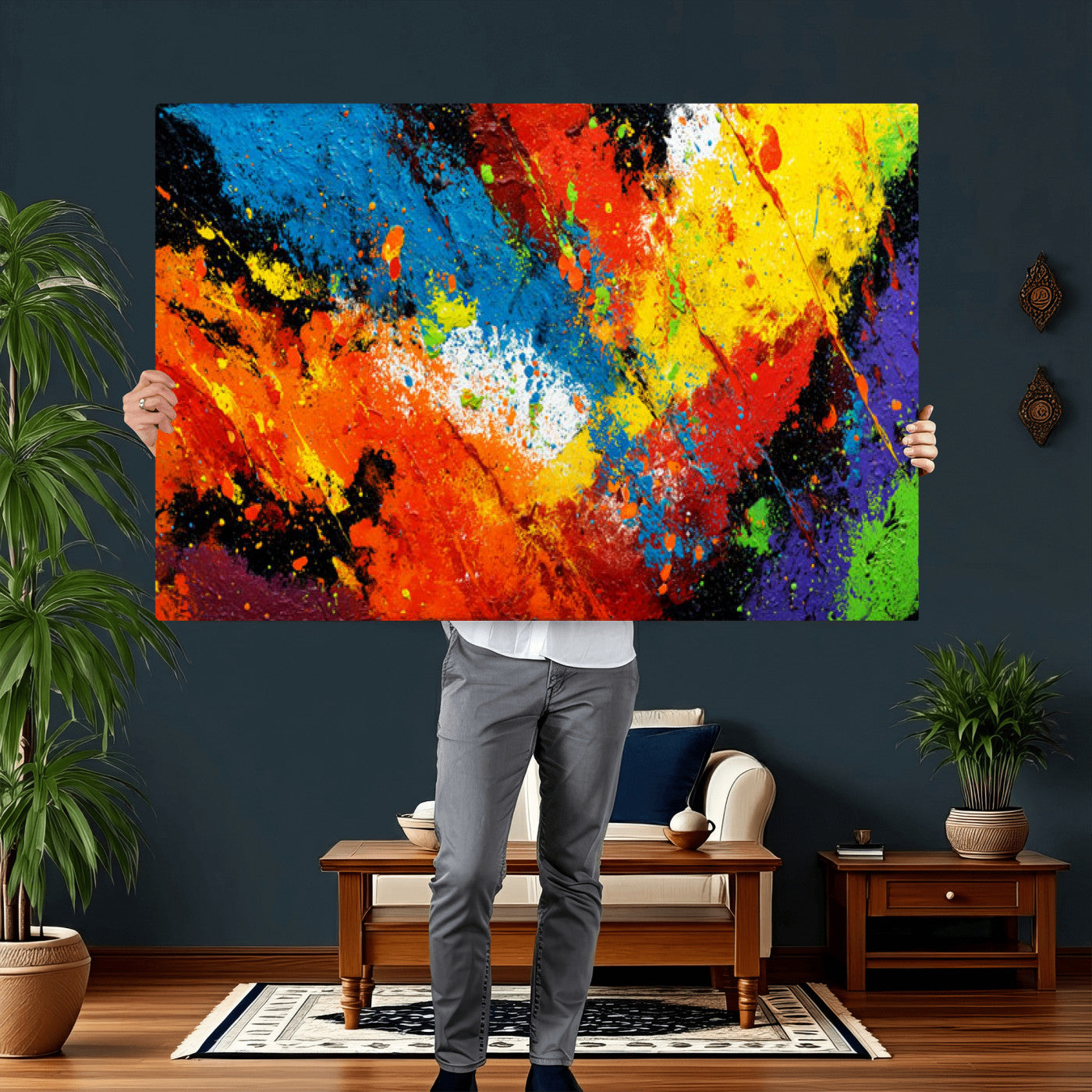74888753-MGV-CV-36X24 - Vibrant Blue Abstract Canvas Wall Art Colorful Impasto Oil Painting Print