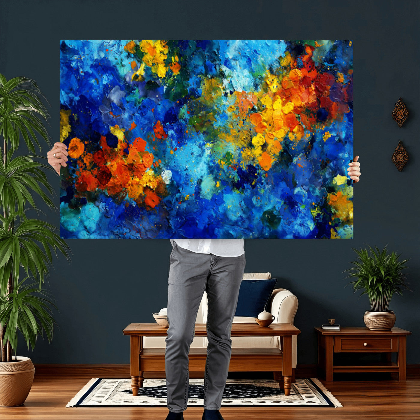 52431611-MGV-CV-36X24 - Vibrant Blue Abstract Canvas Wall Art Colorful Impasto Oil Painting Print