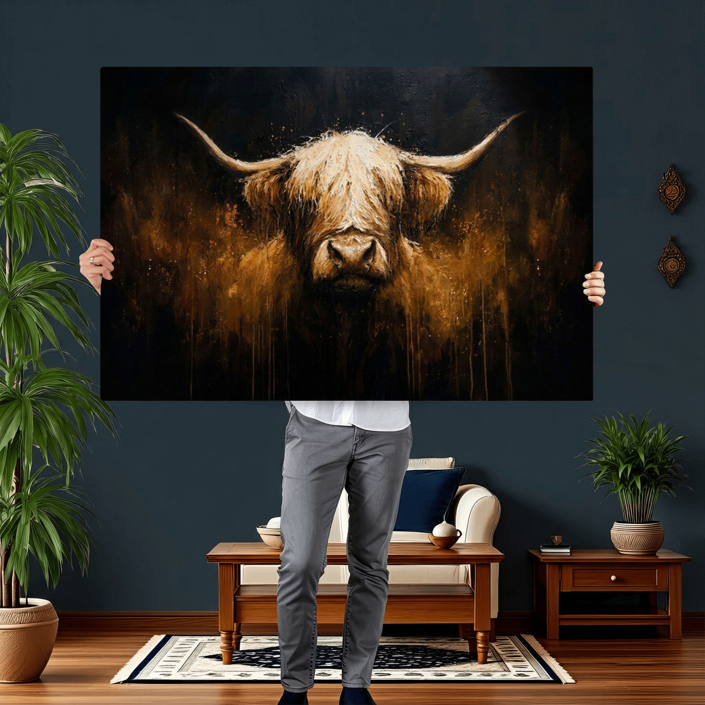 79873059-MGV-CV-36X24 - Rustic Highland Cow Canvas Print Dark Farmhouse Cattle Wall Decor