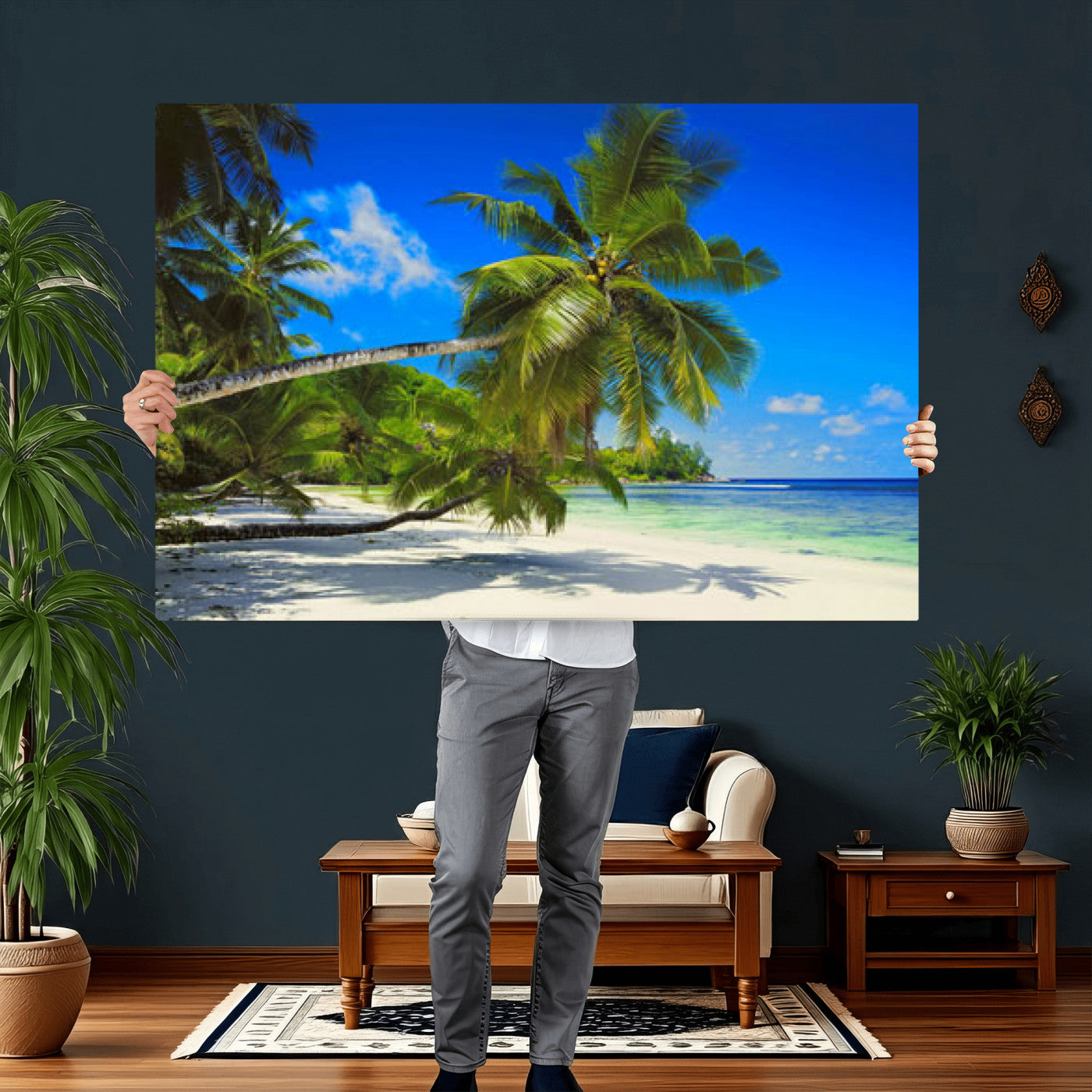 20475280-MGV-CV-36X24 - Tropical Island Coconut Palm Trees Wall Art Canvas Print - Turquoise Beach Print for Nautical Home Decor
