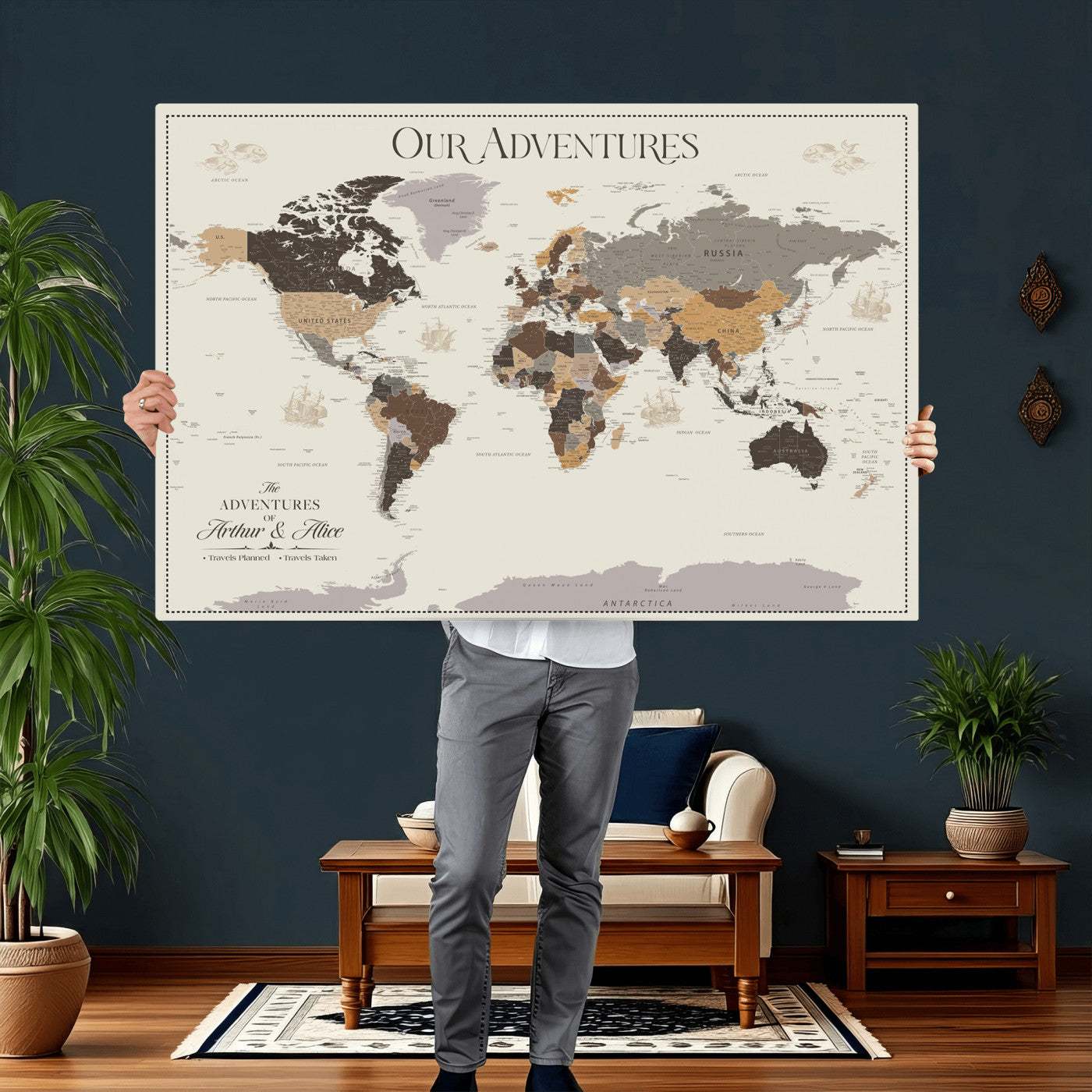 58777746A-MGV-CV-36X24 - Push Pin Customize World Map Wall Art Canvas Print, Modern Decorative Framed Map Artwork Prints for Living Room, Office, Bedroom Wall Decor