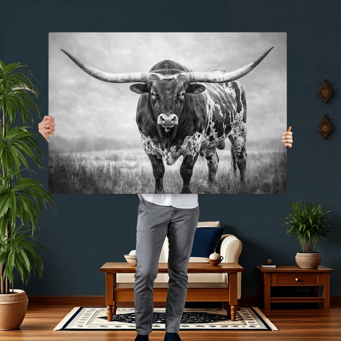 Texas Bull Wall Art Canvas Print for Farmhouse Restaurant Wall Decor