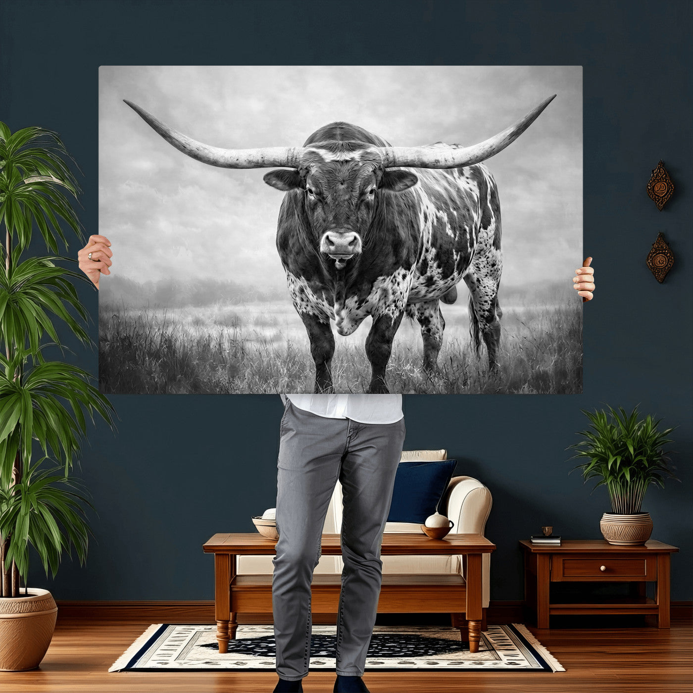11121585-MGV-CV-36X24 - Texas Bull Wall Art Canvas Print for Farmhouse Restaurant Wall Decor