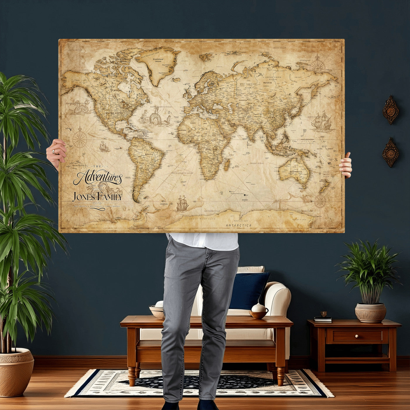 60956619-MGV-CV-36X24 - Custom Push Pin World Map Canvas Print – Personalized Travel Map Wall Art