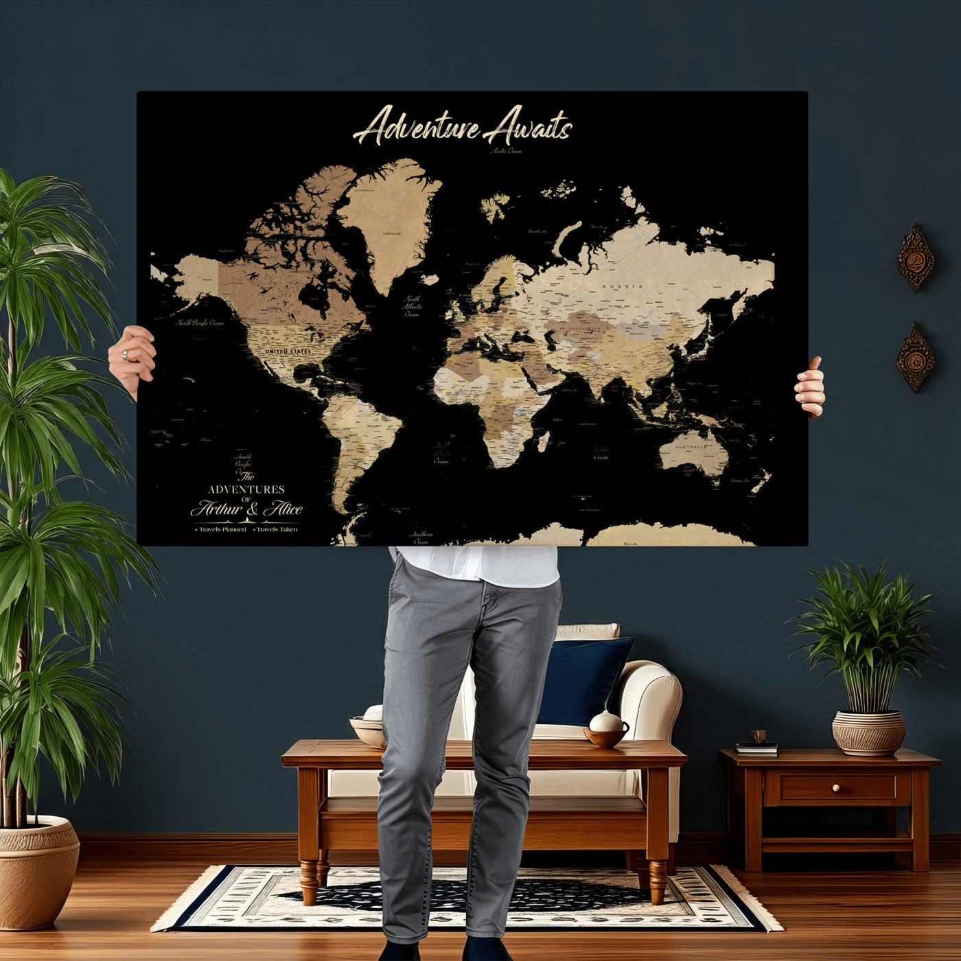 88415067-MGV-CV-36X24 - Custom Push Pin World Map Canvas Print – Personalized Travel Map Wall Art