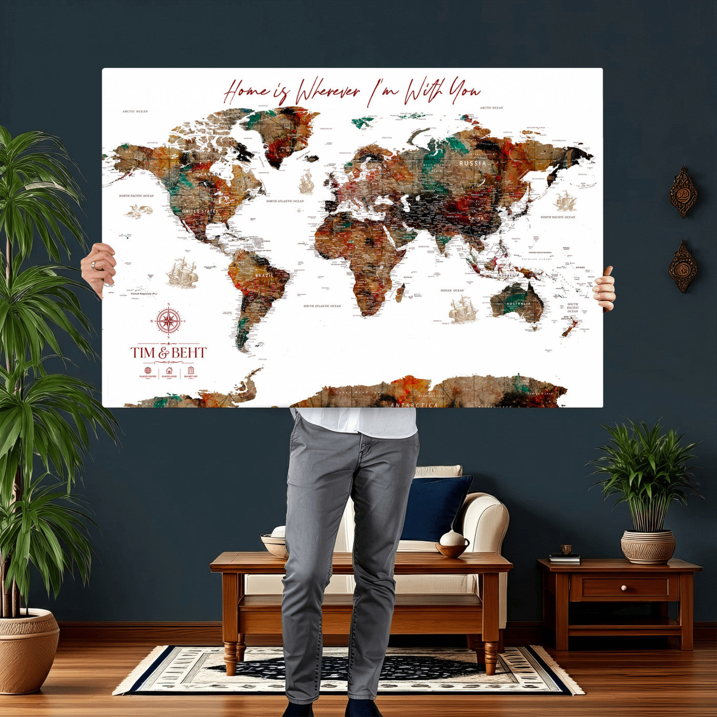 116MESUT-MGV-CV-36X24 - Custom Push Pin World Map Canvas Print – Personalized Travel Map Wall Art
