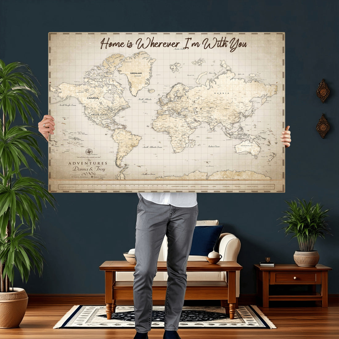 Custom Beige Push Pin Travel Map Canvas Print, Bucket List Map, Dining Room and Hallway Decor