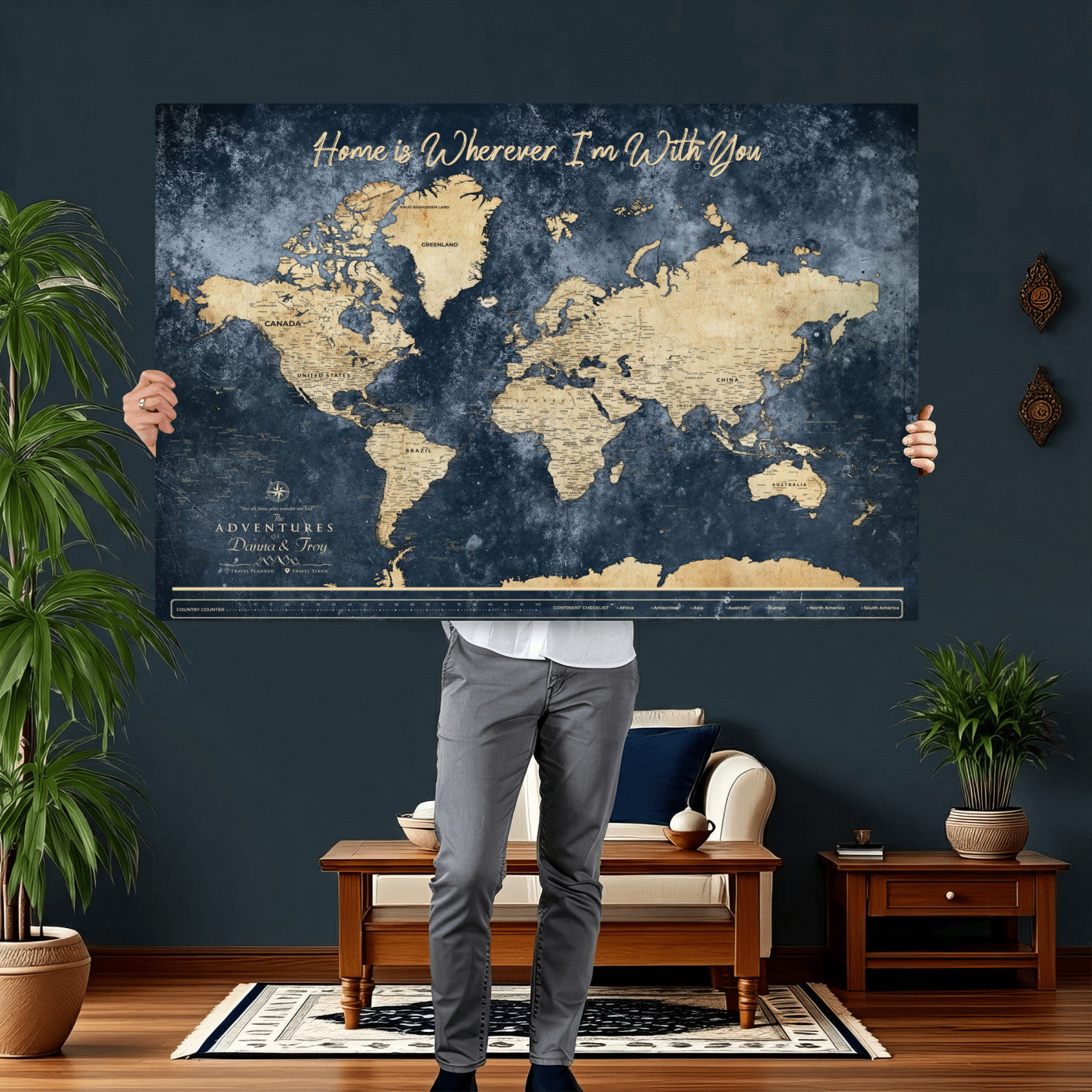 400867BL-MGV-CV-36X24 - Framed Blue Custom Push Pin World Map Canvas Print – Personalized Travel Map Wall Art