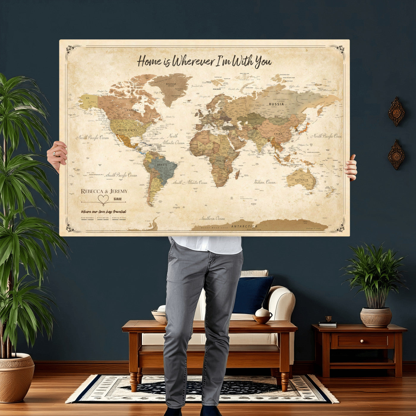 40086165-MGV-CV-36X24 - Framed Vintage Custom Push Pin World Map Canvas Print – Personalized Travel Map Wall Art