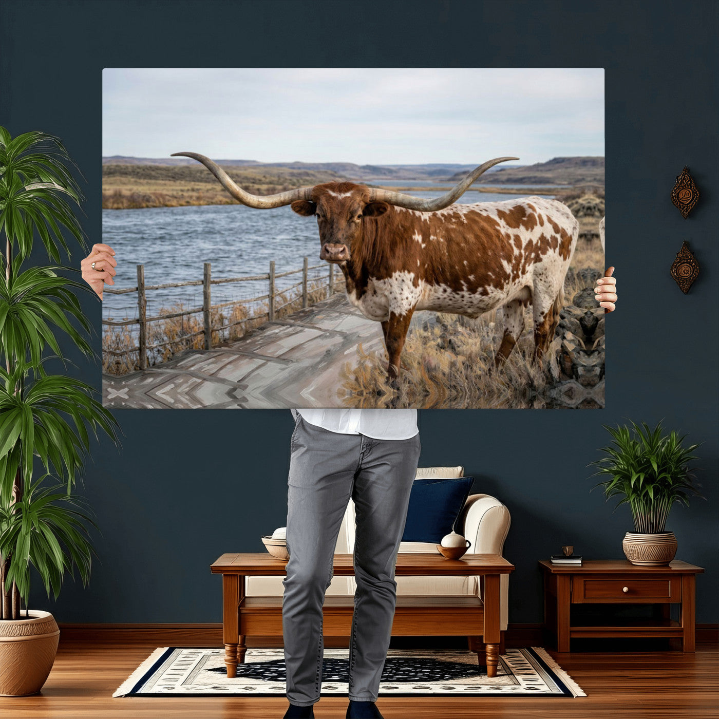 91575949-MGV-CV-36X24 - Texas Longhorn Cattle in Desert Pasture Wall Art Canvas Print - Rustic Western Decor