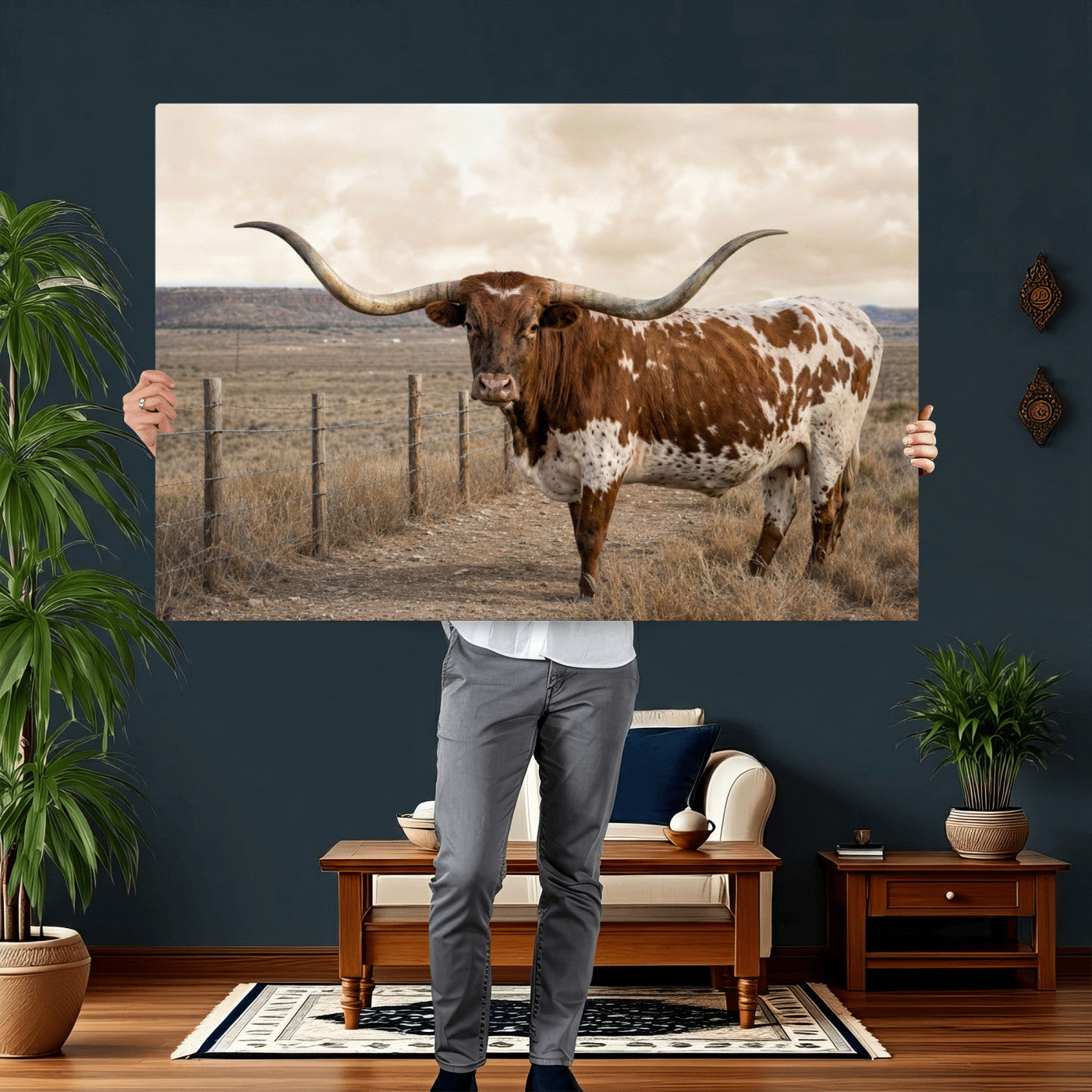 22808364-MGV-CV-36X24 - Texas Longhorn Cattle in Desert Pasture Wall Art Canvas Print - Rustic Western Decor
