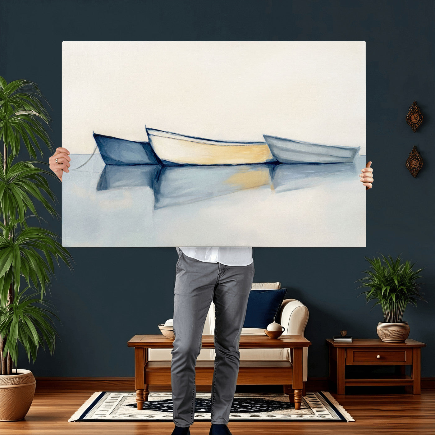 84017361-MGV-CV-36X24 - Abstract Three Boats Reflecting on Water Wall Art Canvas Print - Minimalist Coastal Seascape