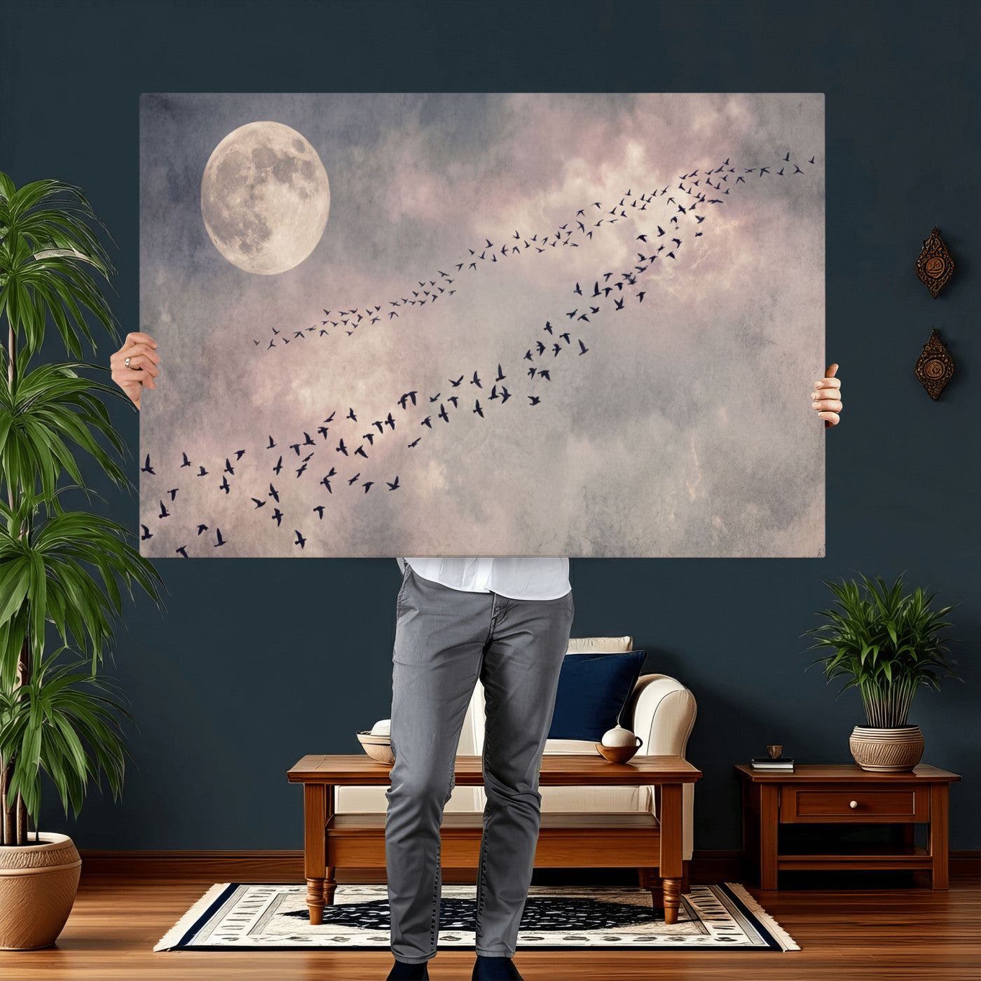 52339590-MGV-CV-36X24 - Birds Flying to Moon Wall Art Canvas Print - Vintage Surreal Night Sky Sky Print