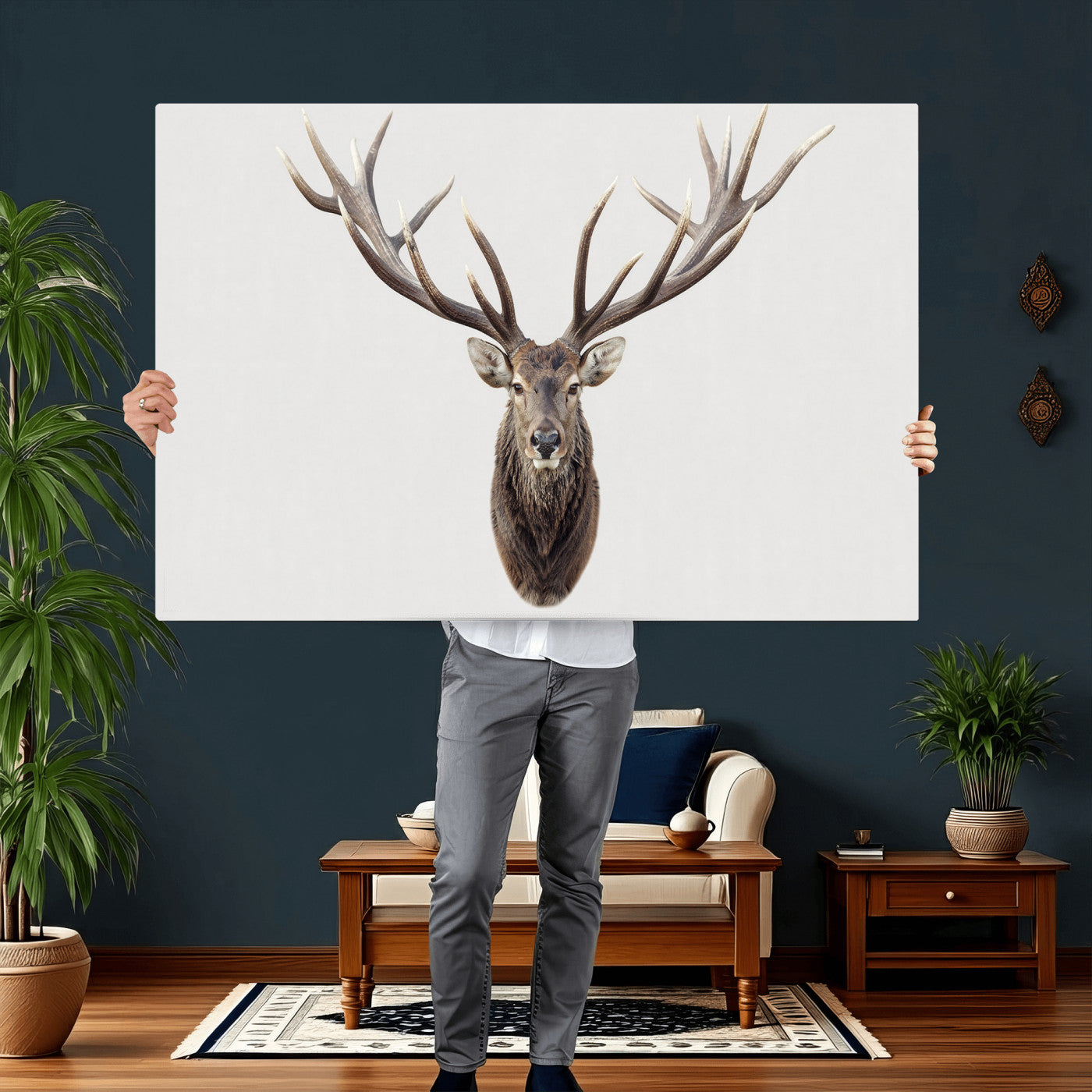 840173GY-MGV-CV-36X24 - Majestic Red Deer Canvas Wall Art – Stag Antlers Horns Print, Wildlife Hunting Poster, Rustic Cabin Lodge Decor