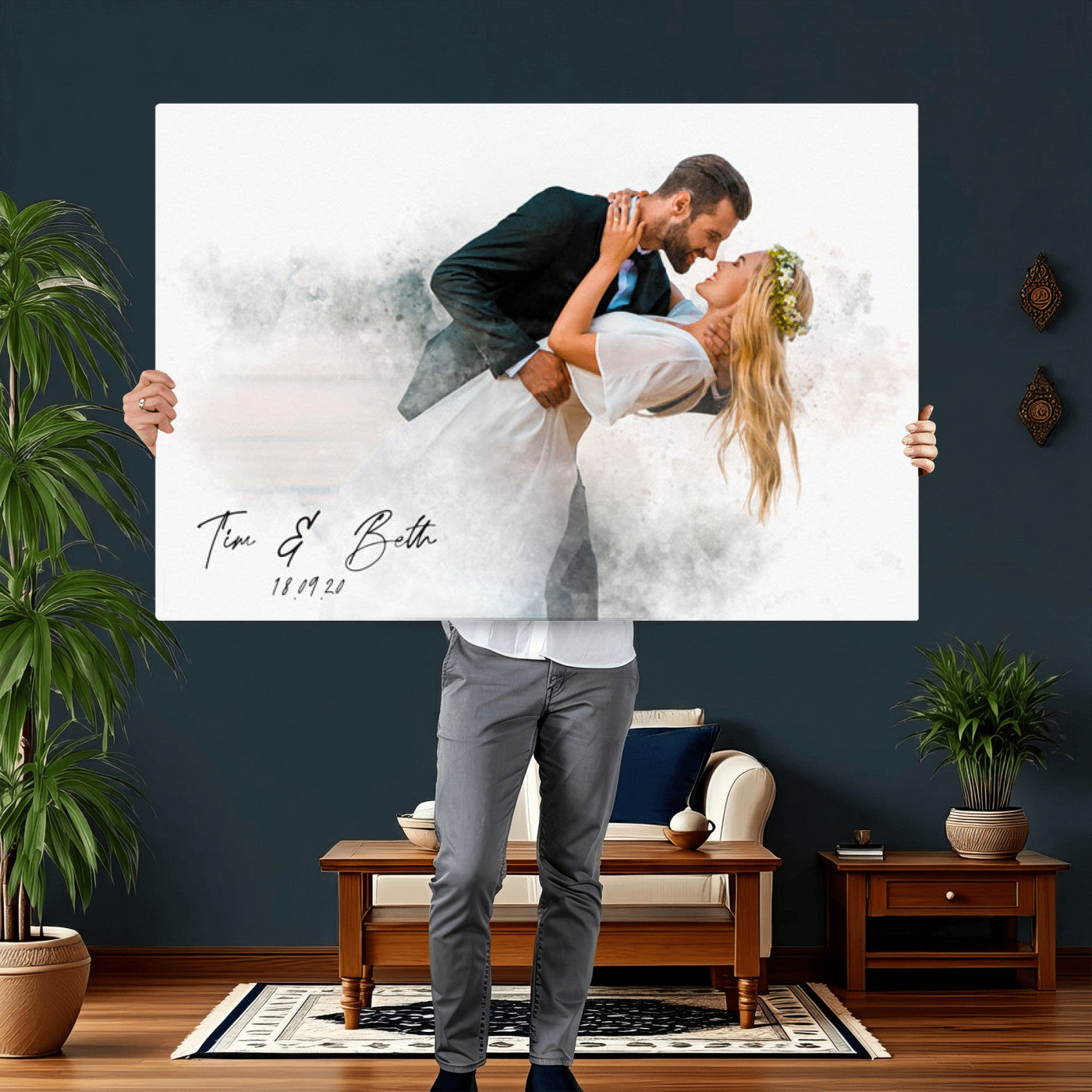 39726003-MGV-CV-36X24 - Watercolor Couple Portrait from Photo, Custom Wedding Anniversary Gift for Wife Husband Parents, Engagement Gift for Friend