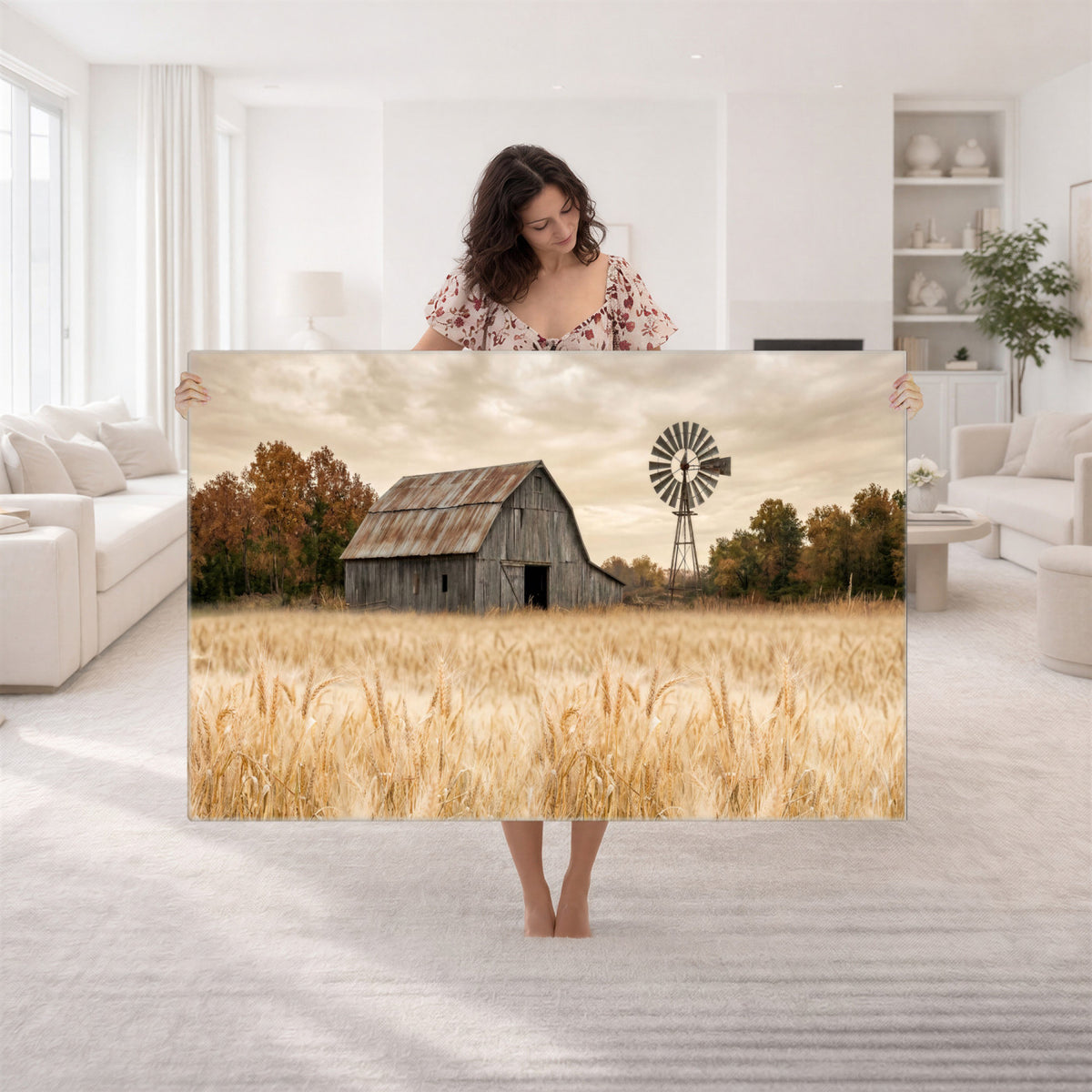 99640659-MGV-CV-36X24 - Rustic Farmhouse Barn and Windmill Wall Art Canvas Print, Country Landscape Photography Print