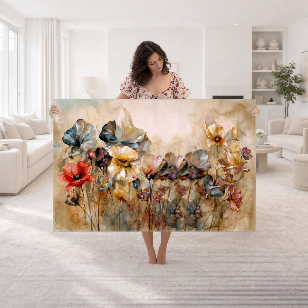 11407233-MGV-CV-36X24 - Vintage Dried Floral Meadow Wall Art Canvas Print, Translucent Watercolor Flowers Painting Print