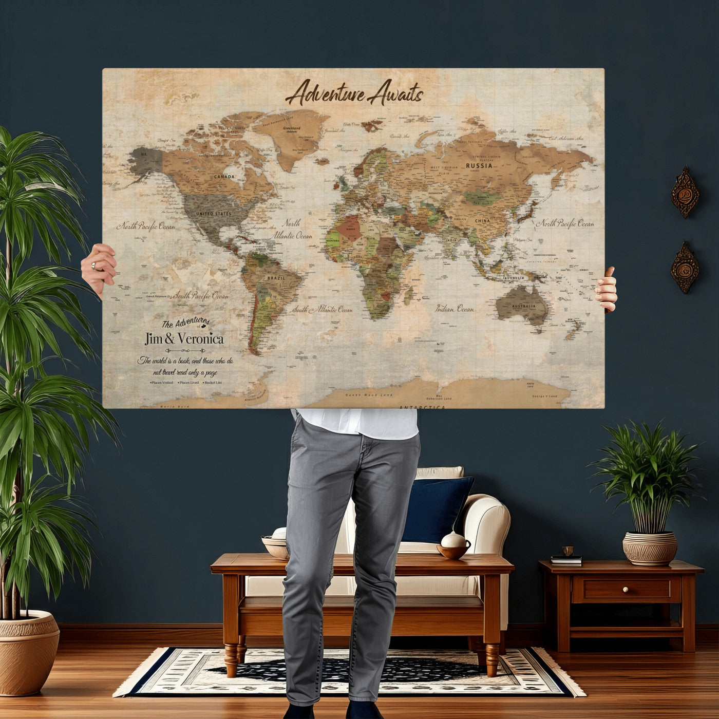 51298056-MGV-CV-36X24 - Custom Push Pin World Map Canvas | Personalized Travel Tracker | Wedding Anniversary Gift for Couples | Adventure Map Wall Art with Pins
