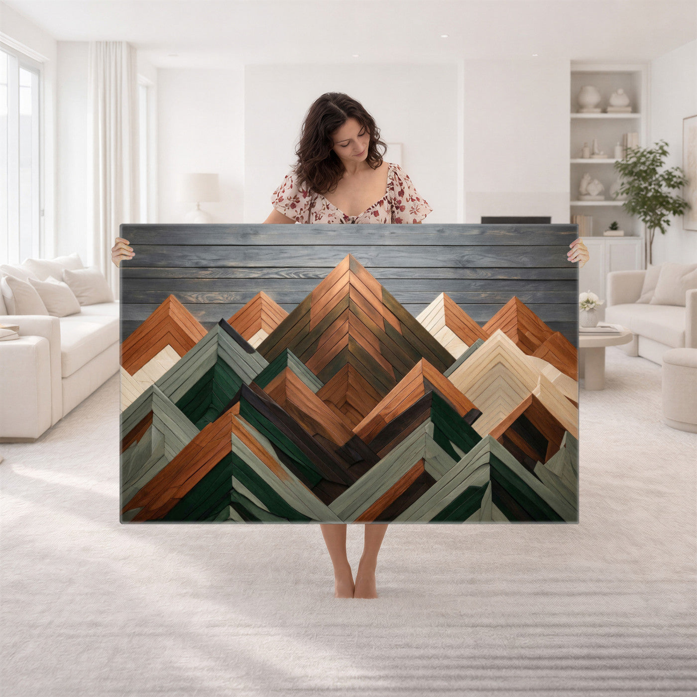84617347-MGV-CV-36X24 - Geometric Wood Mountain Wall Art Canvas Print, 3D Look Rustic Mosaic Landscape Print