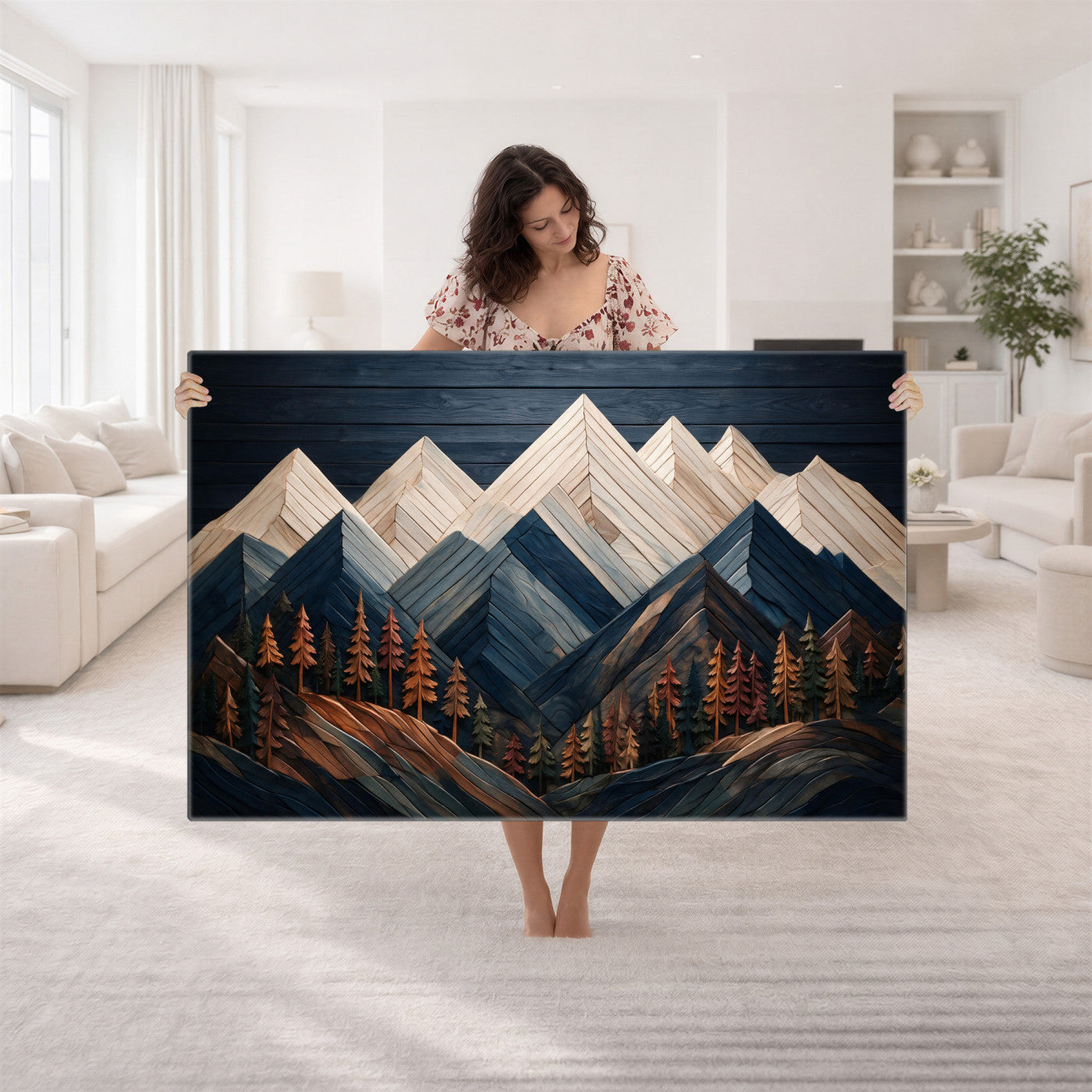 87765072-MGV-CV-36X24 - Geometric Wood Mountain Wall Art Canvas Print, 3D Look Rustic Mosaic Landscape Print